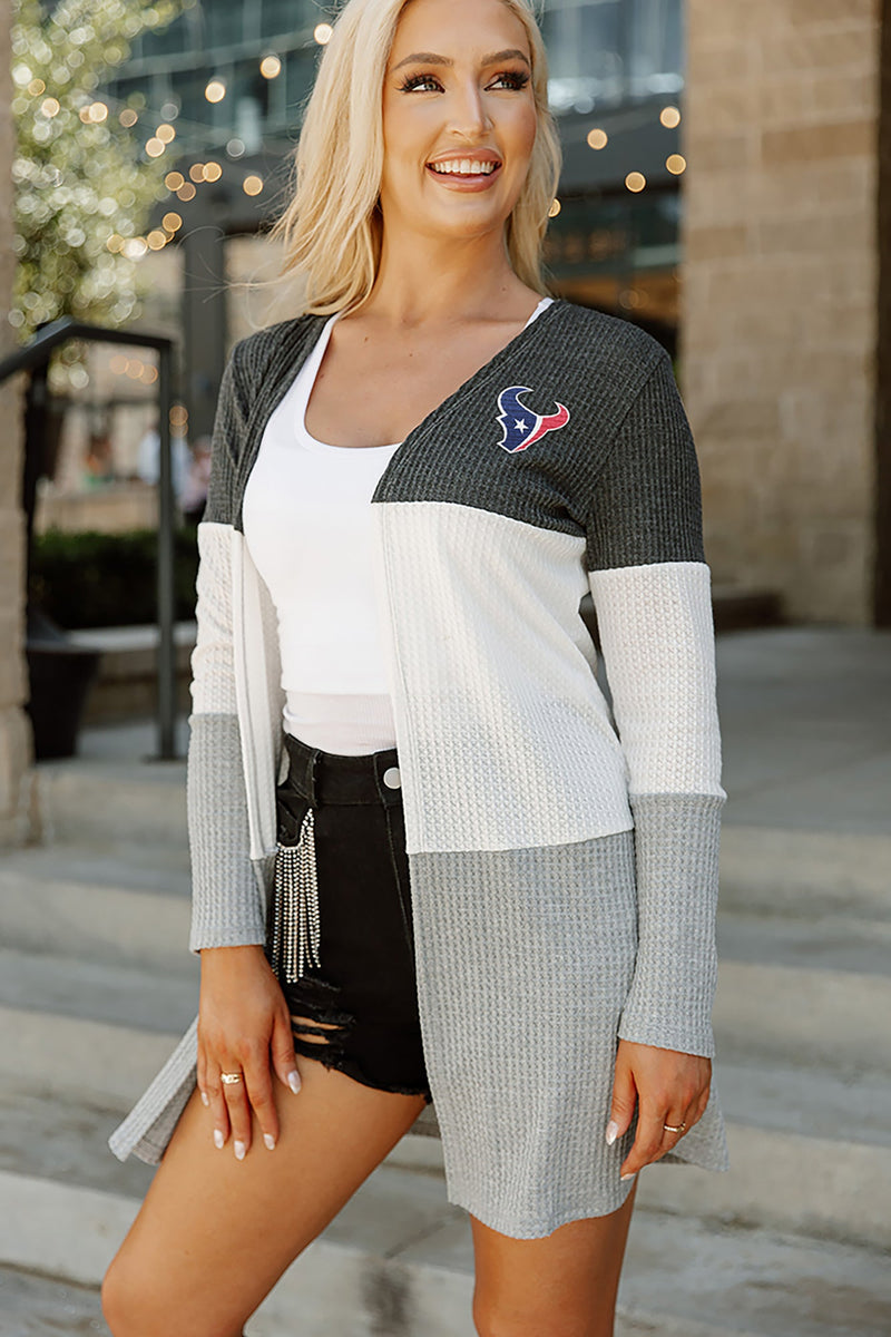 HOUSTON TEXANS BLITZ BELLE TRIPLE COLOR BLOCK WAFFLE KNIT OPEN CARDIGA –  GAMEDAY COUTURE