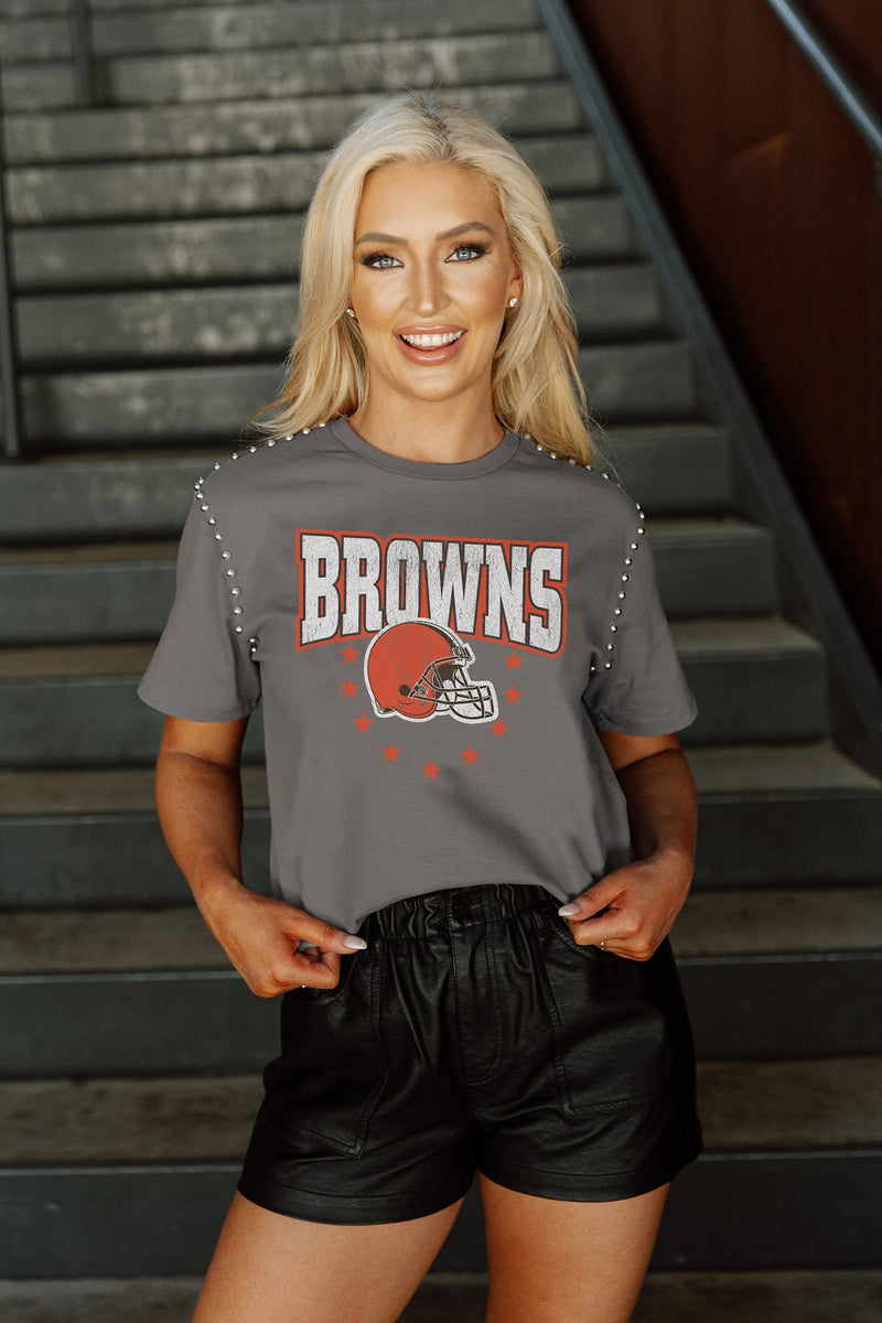 CLEVELAND BROWNS ELITE ELEGANCE STUDDED SLEEVE DETAIL MODERATE LENGTH SHORT  SLEEVE CROPPED TEE