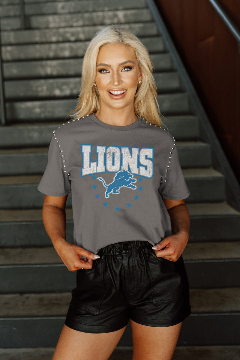 DETROIT LIONS TOUCHDOWN FRENCH TERRY VINTAGE WASH STUDDED SHOULDER DETAIL  LONG SLEEVE PULLOVER