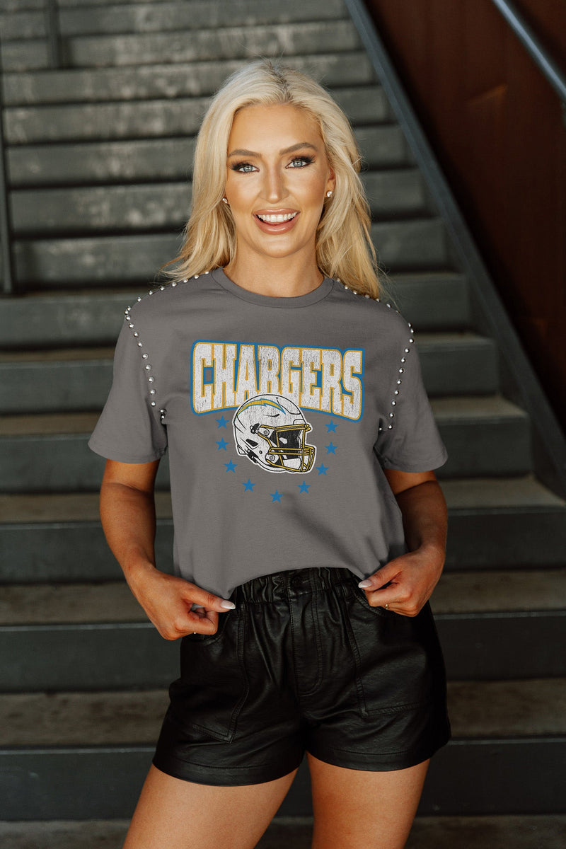 LOS ANGELES CHARGERS GRIDIRON GLAM SHORT SLEEVE CROP TEE WITH SPORT STRIPE  DETAIL