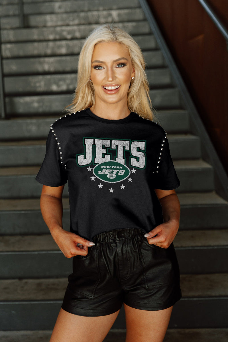 NEW YORK JETS GLADIATOR STUDDED SLEEVE DETAIL MODERATE LENGTH SHORT SLEEVE  CROPPED TEE