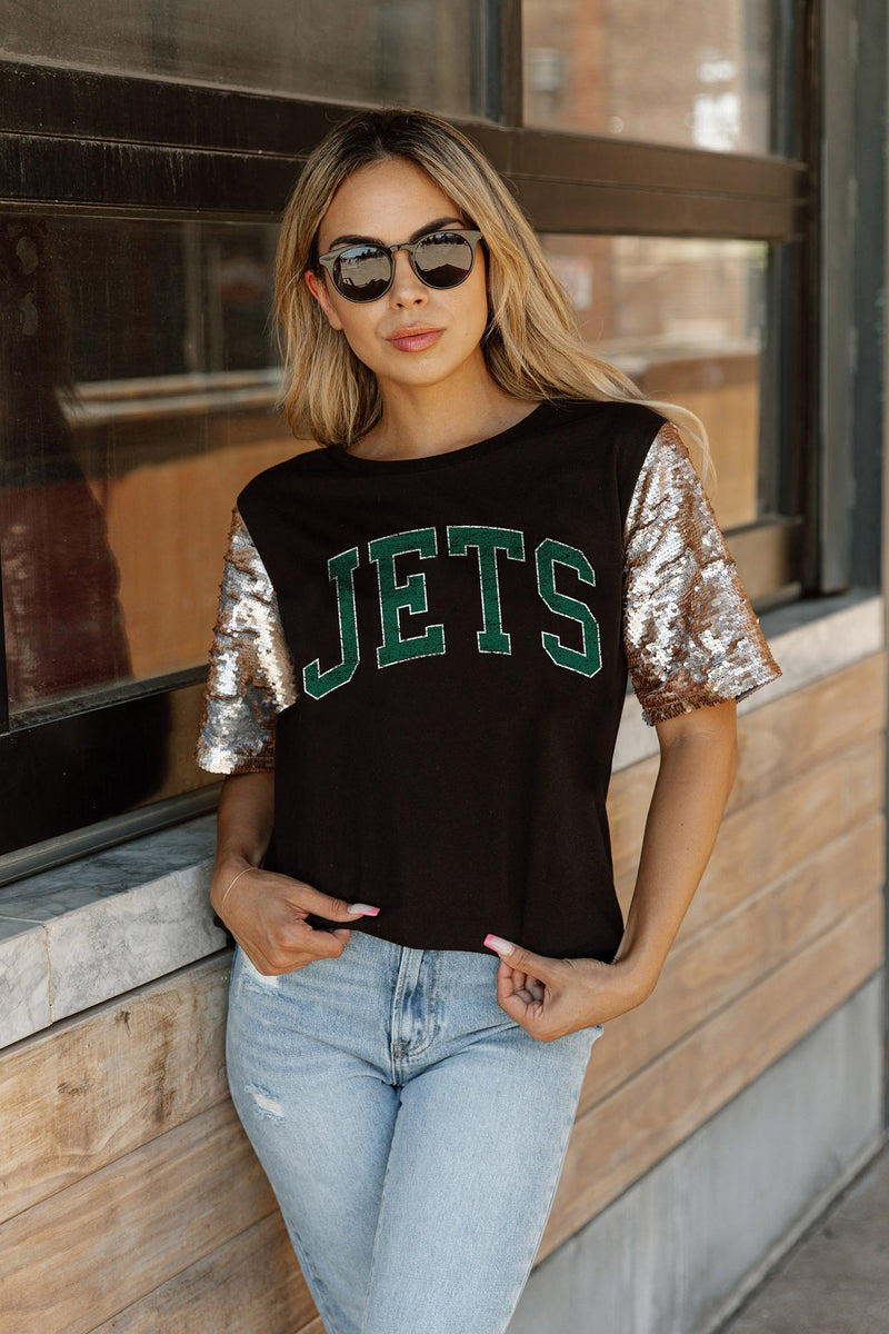 NEW YORK JETS GL SHORT SLEEVE TOP WITH LINED FLIP-SEQUIN SLEEVES