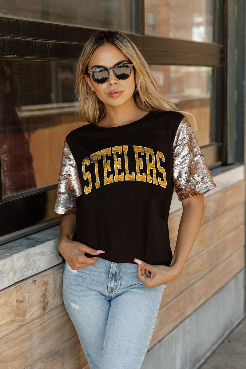 PITTSBURGH STEELERS GL SHORT SLEEVE TOP WITH LINED FLIP-SEQUIN S –  GAMEDAY COUTURE