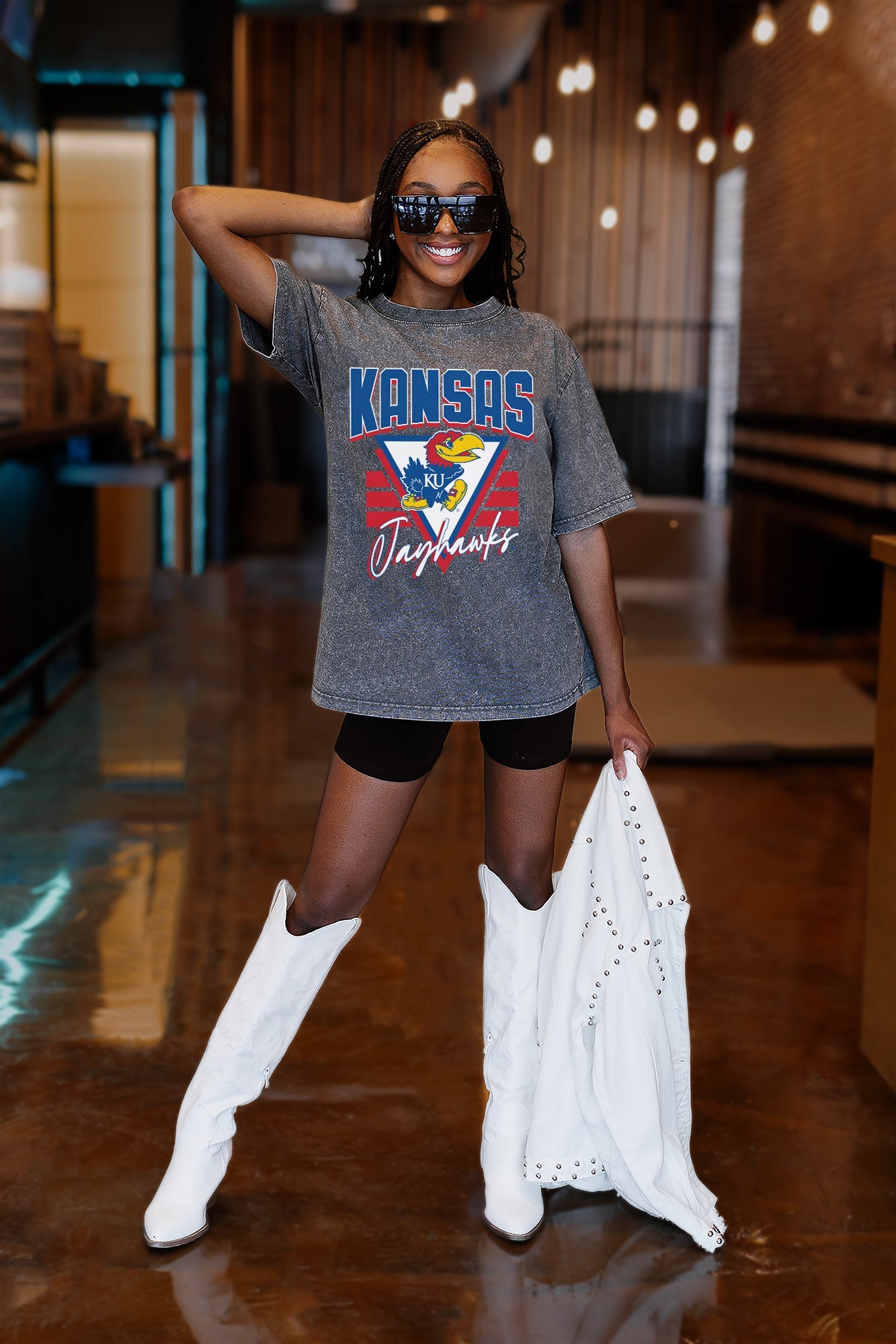 KANSAS JAYHAWKS PLAY IT FORWARD OVERSIZED CREWNECK TEE