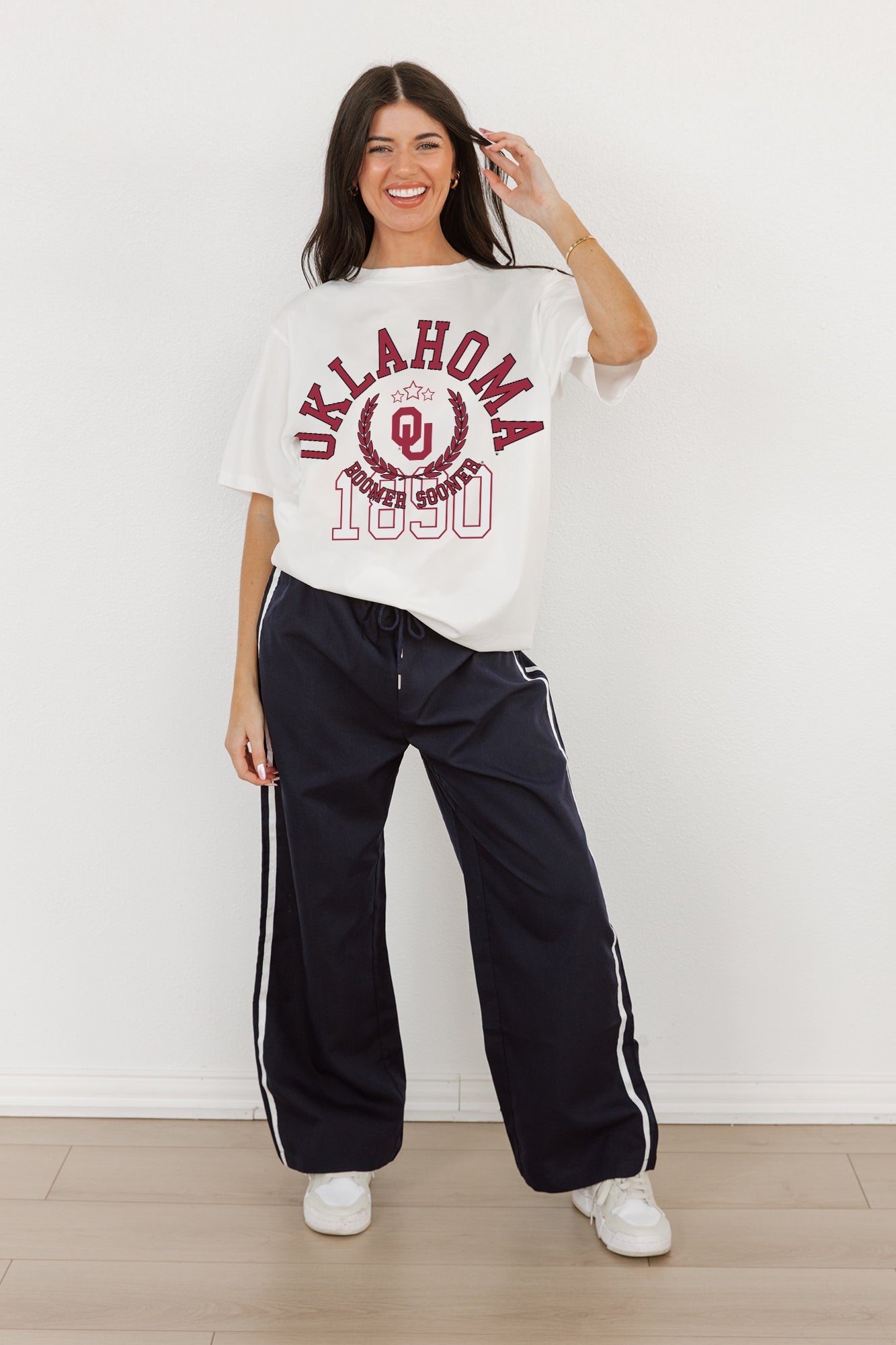 OKLAHOMA SOONERS GO FOR TWO OVERSIZED CREWNECK TEE BY MADI PREWETT TROUTT