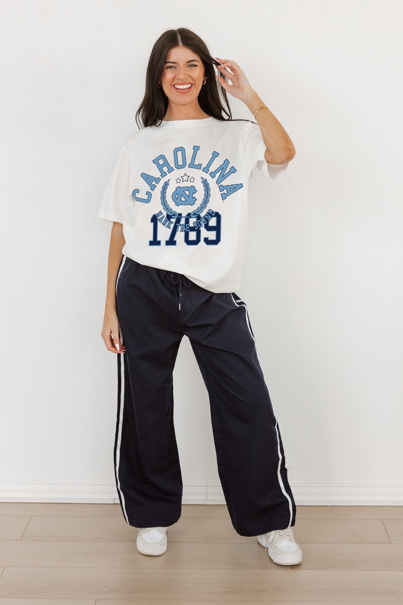 NORTH CAROLINA TAR HEELS GO FOR TWO OVERSIZED CREWNECK TEE BY MADI PREWETT TROUTT