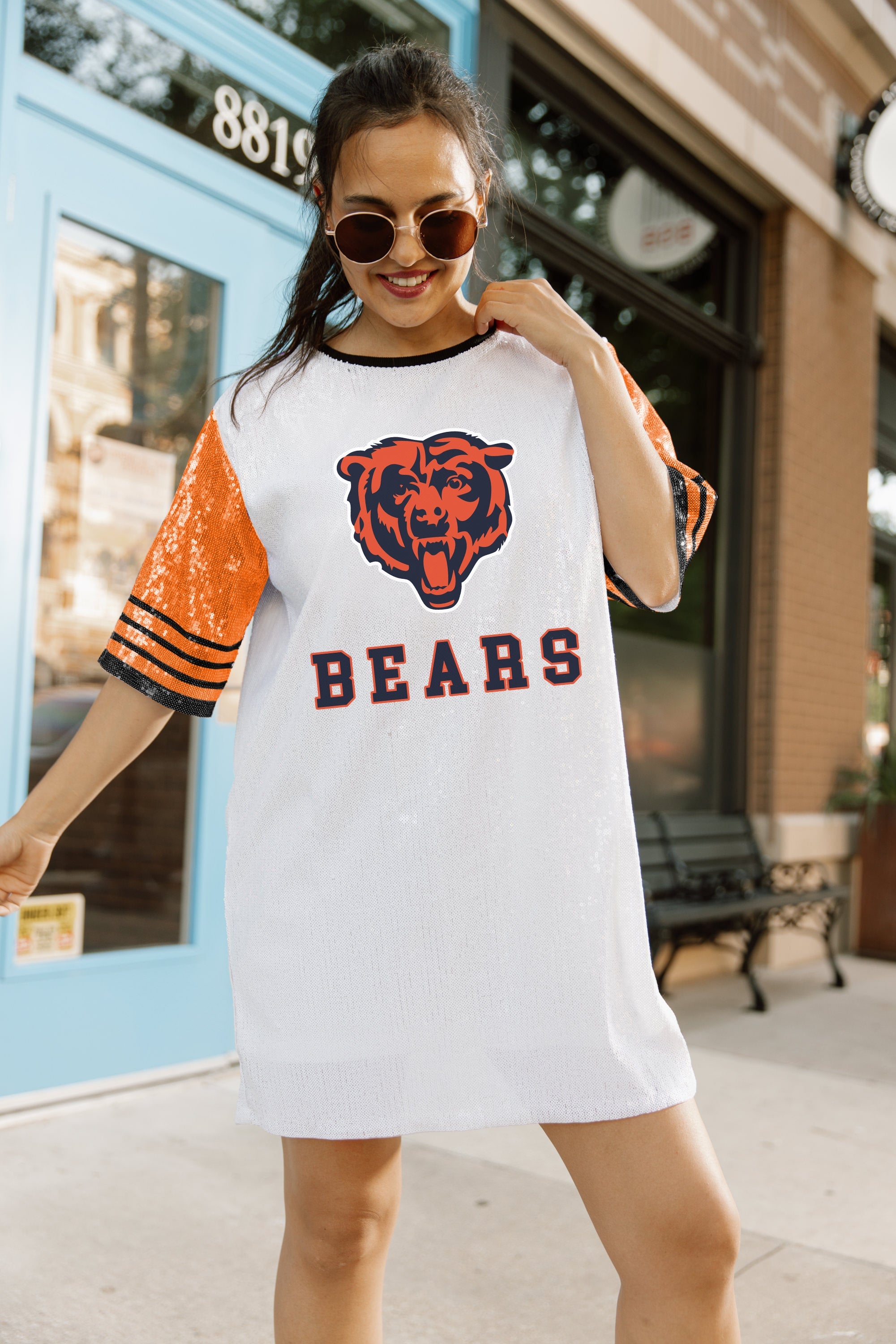 CHICAGO BEARS CHIC CHAMPS FULL SEQUIN JERSEY DRESS