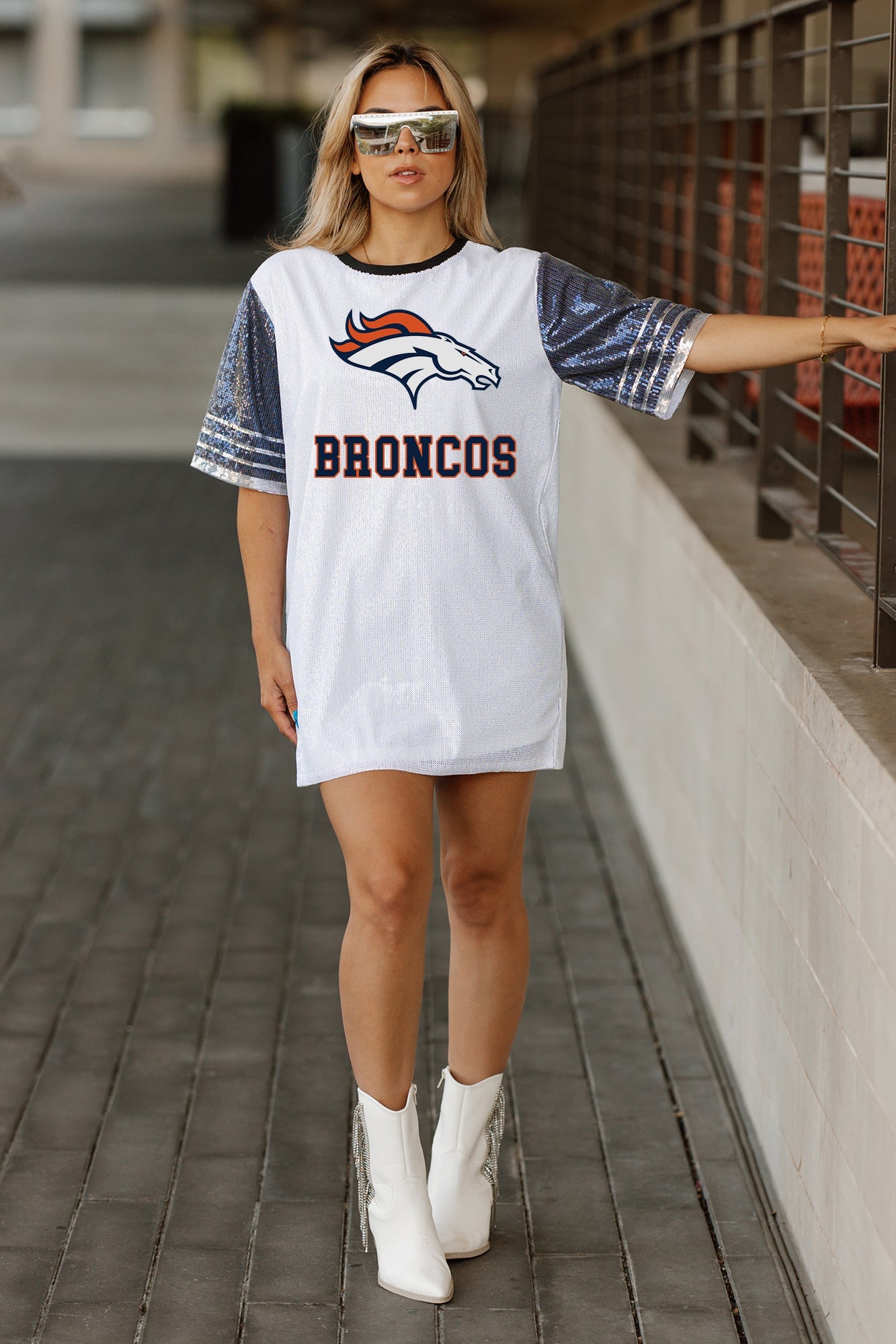 DENVER BRONCOS BLING IT FULL SEQUIN JERSEY DRESS