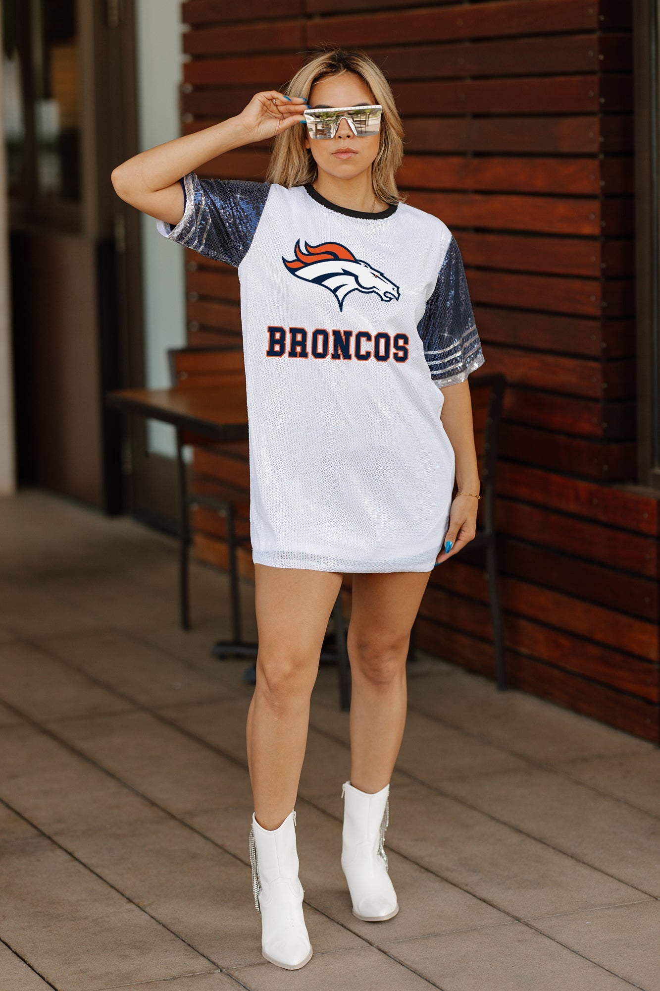 DENVER BRONCOS BLING IT FULL SEQUIN JERSEY DRESS