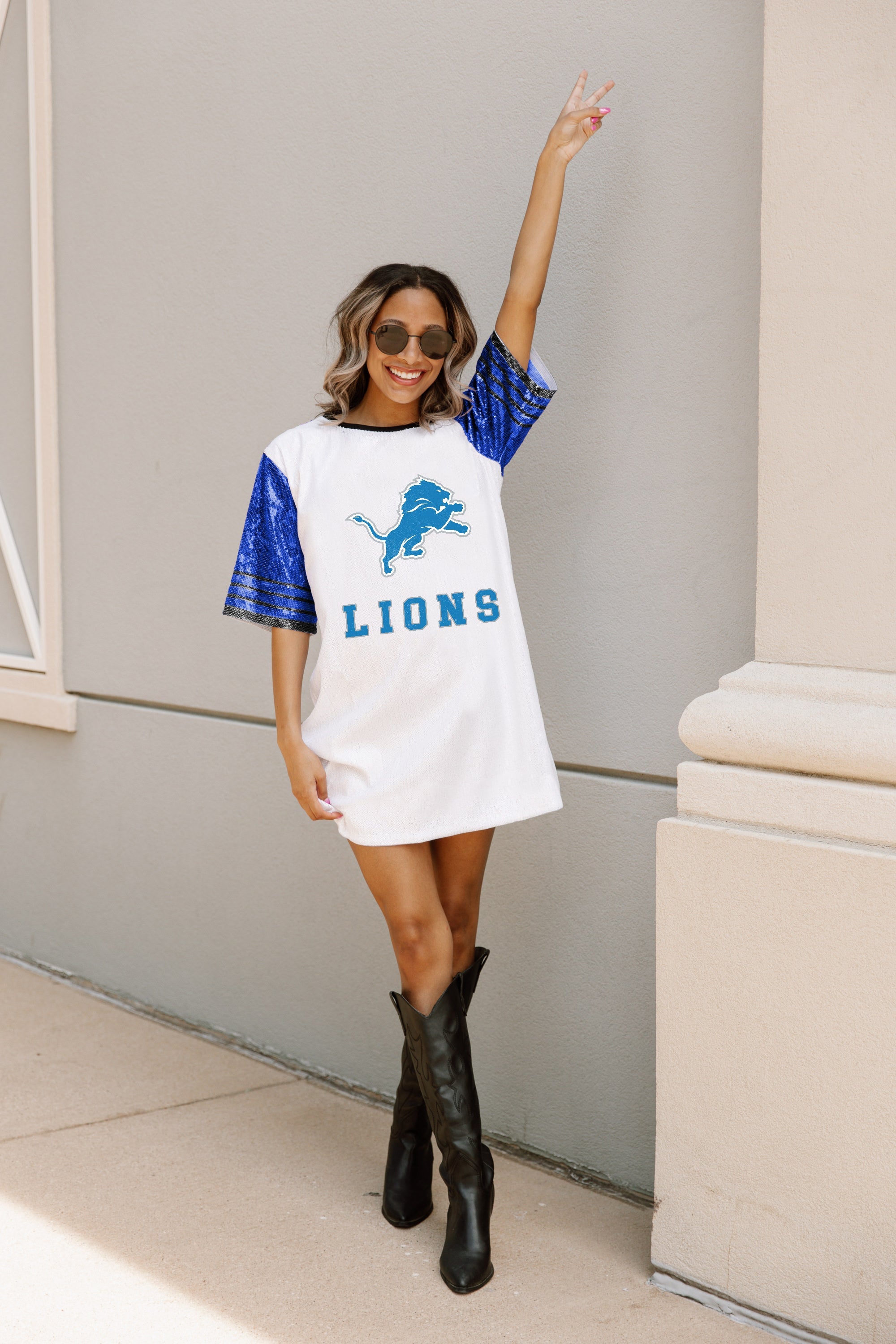 DETROIT LIONS CHIC CHAMPS FULL SEQUIN JERSEY DRESS