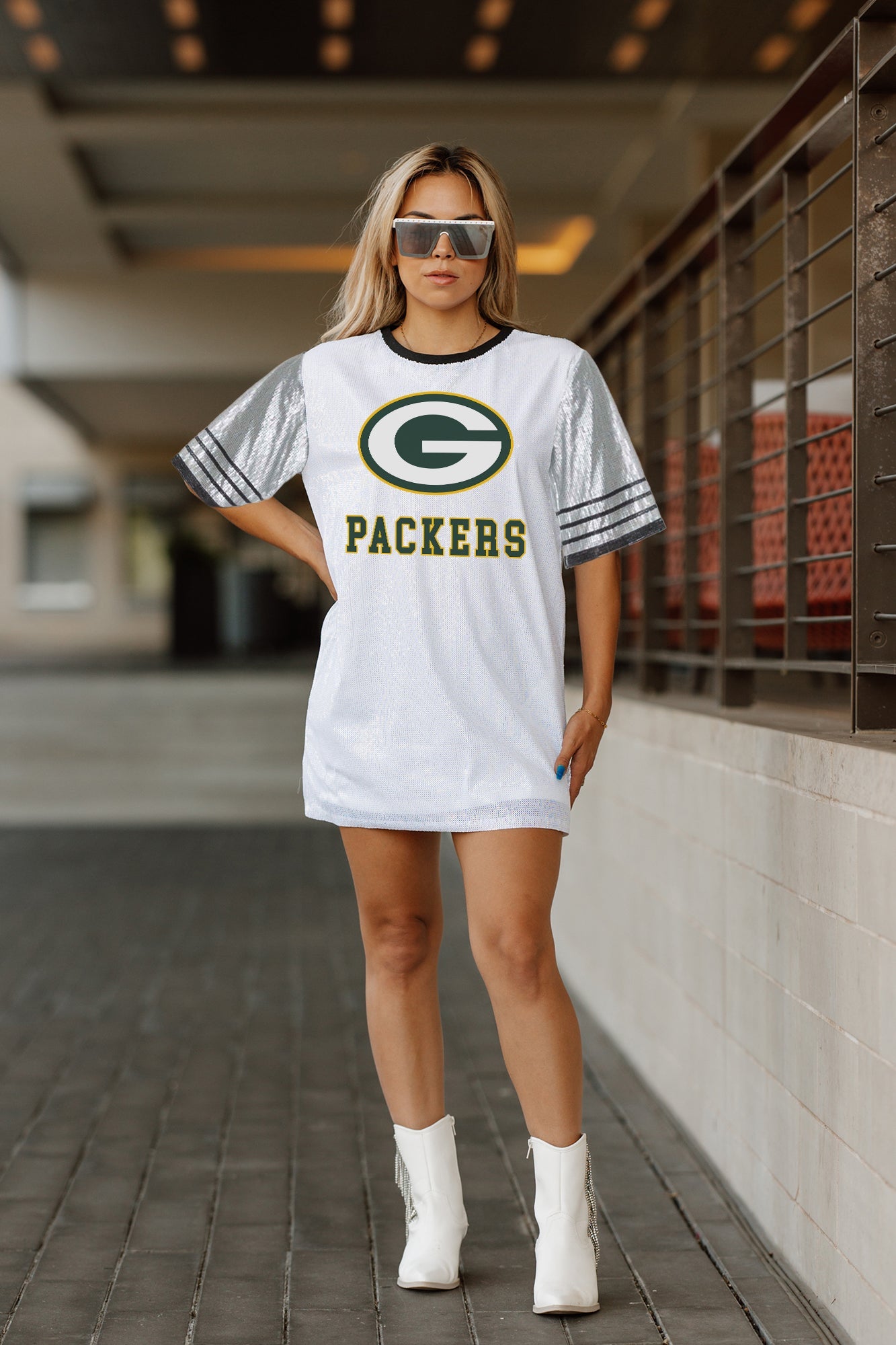 GREEN BAY PACKERS BLING IT FULL SEQUIN JERSEY DRESS