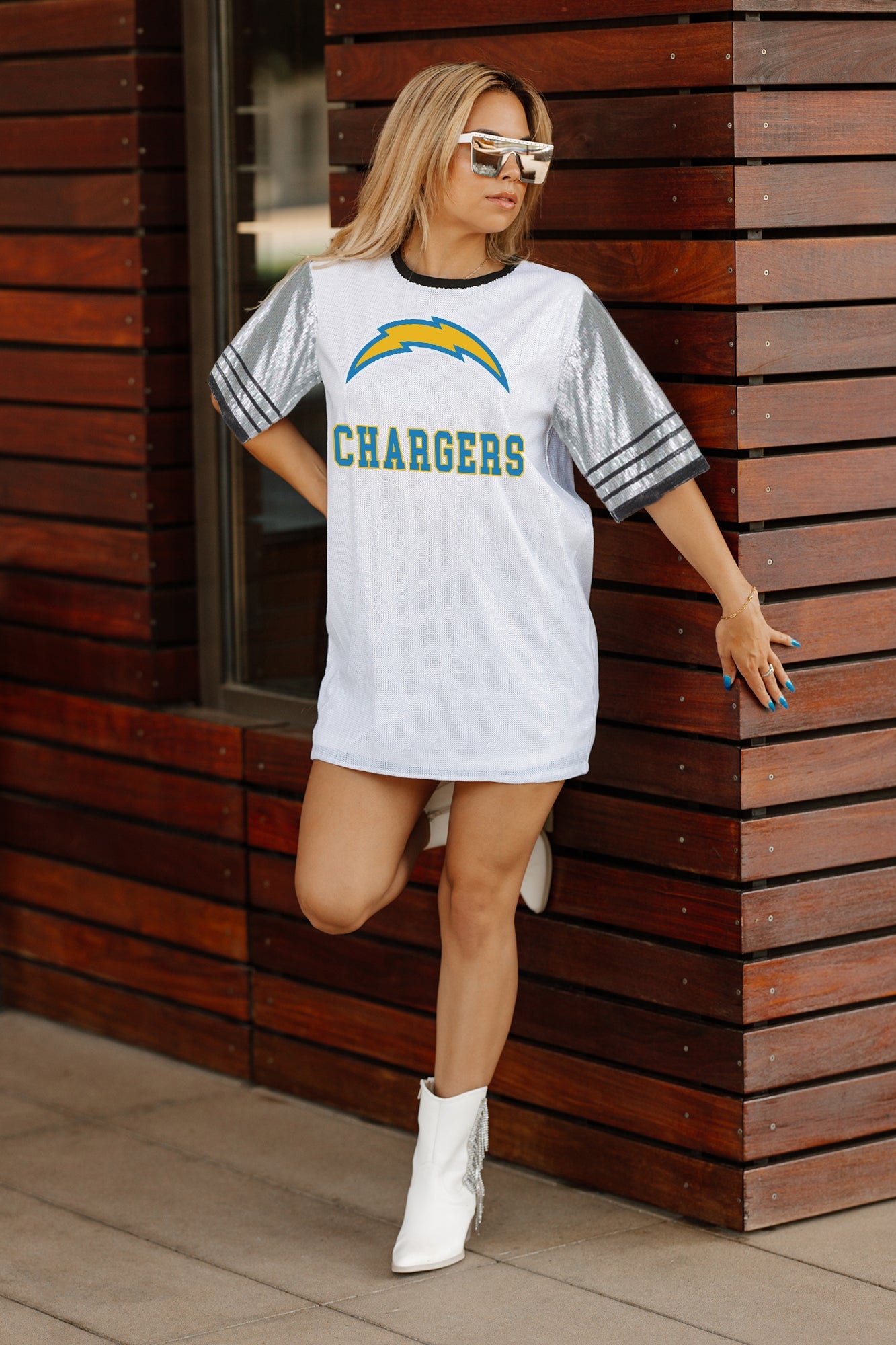 LOS ANGELES CHARGERS BLING IT FULL SEQUIN JERSEY DRESS