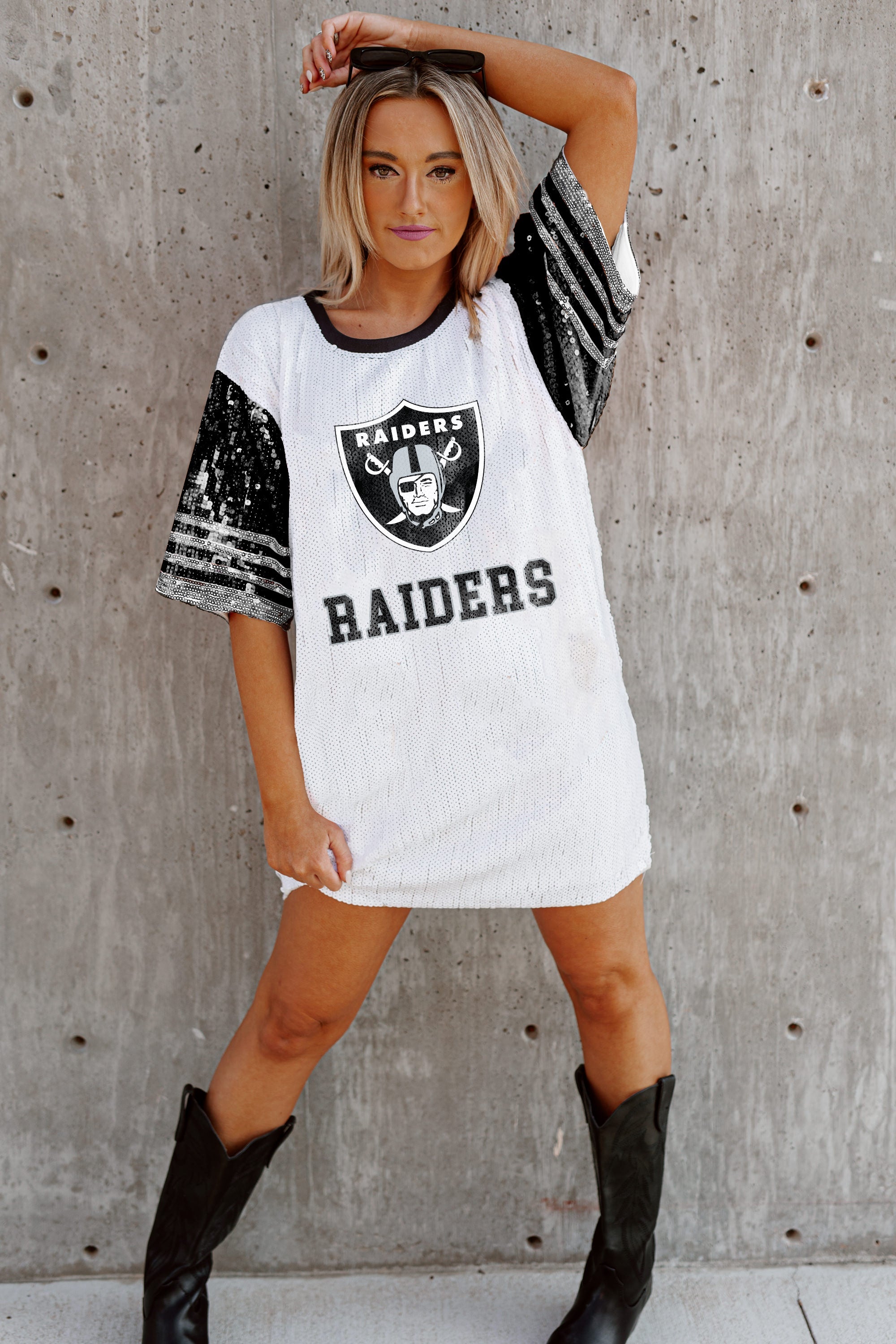 LAS VEGAS RAIDERS CHIC CHAMPS FULL SEQUIN JERSEY DRESS