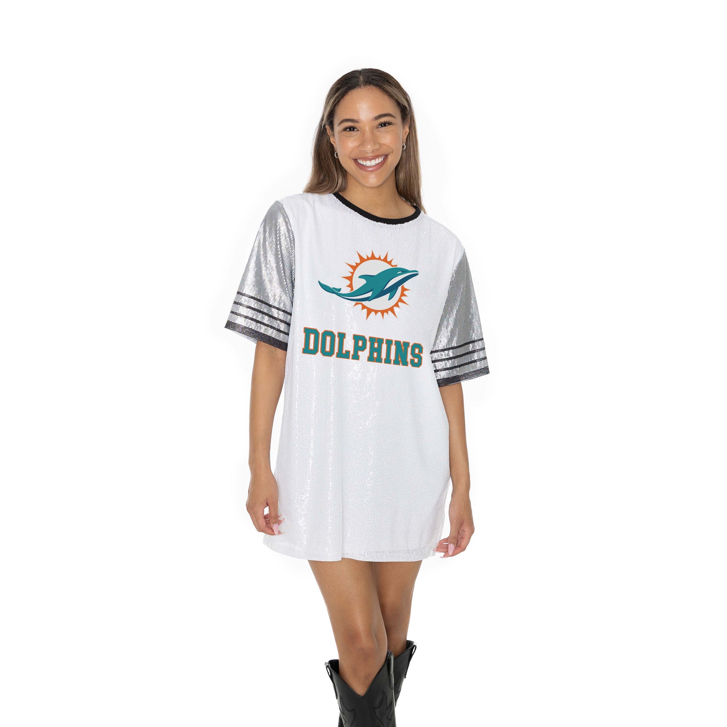 MIAMI DOLPHINS BLING IT FULL SEQUIN JERSEY DRESS