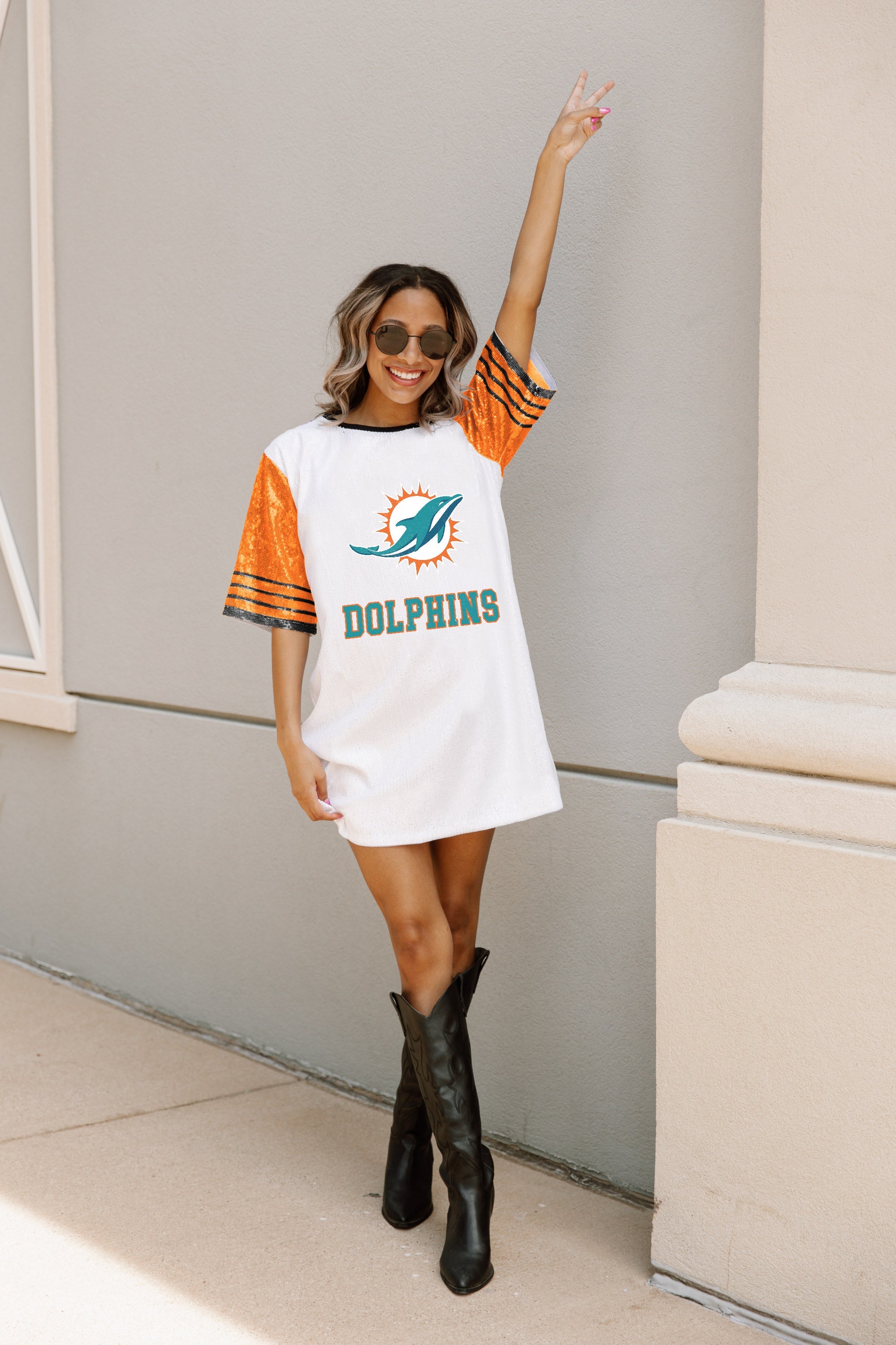 MIAMI DOLPHINS CHIC CHAMPS FULL SEQUIN JERSEY DRESS