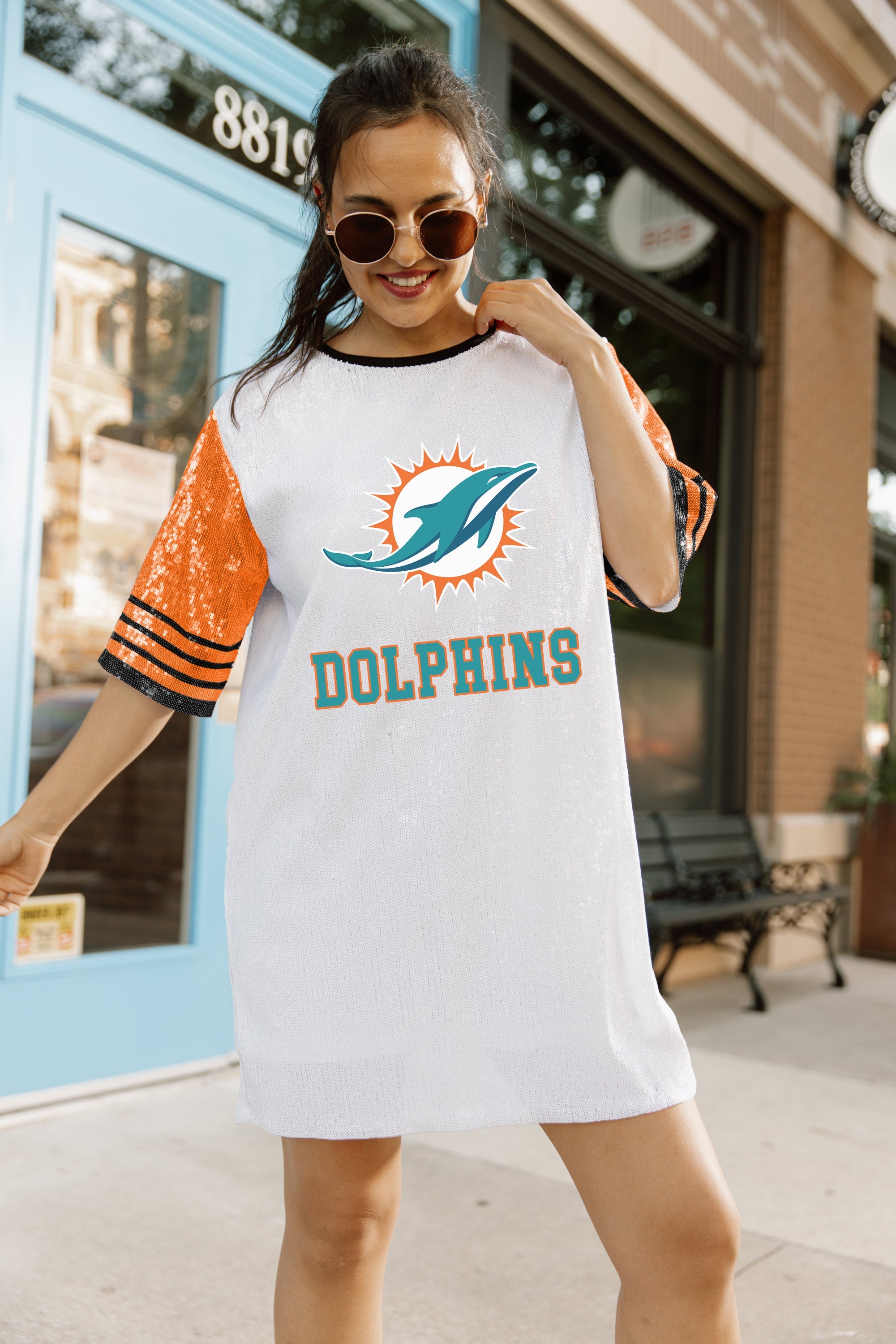 MIAMI DOLPHINS CHIC CHAMPS FULL SEQUIN JERSEY DRESS