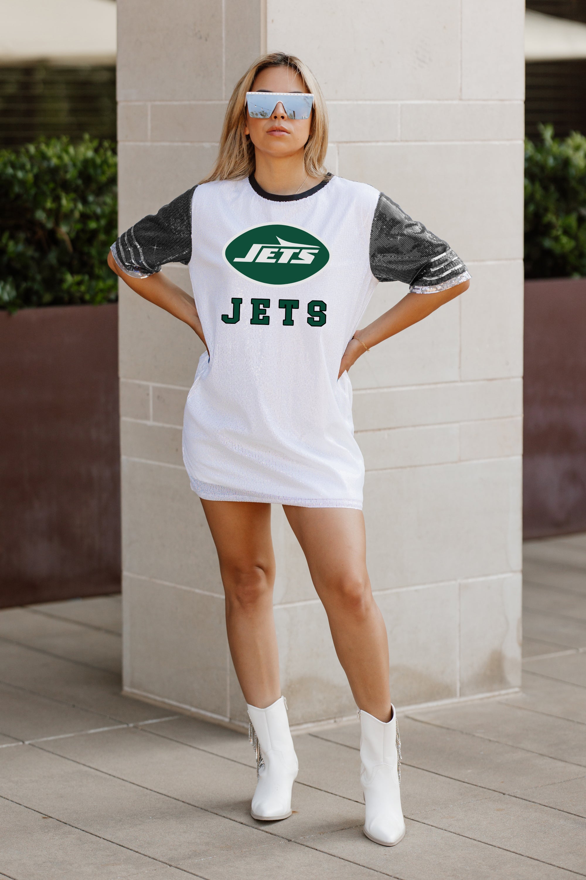 NEW YORK JETS BLING IT FULL SEQUIN JERSEY DRESS