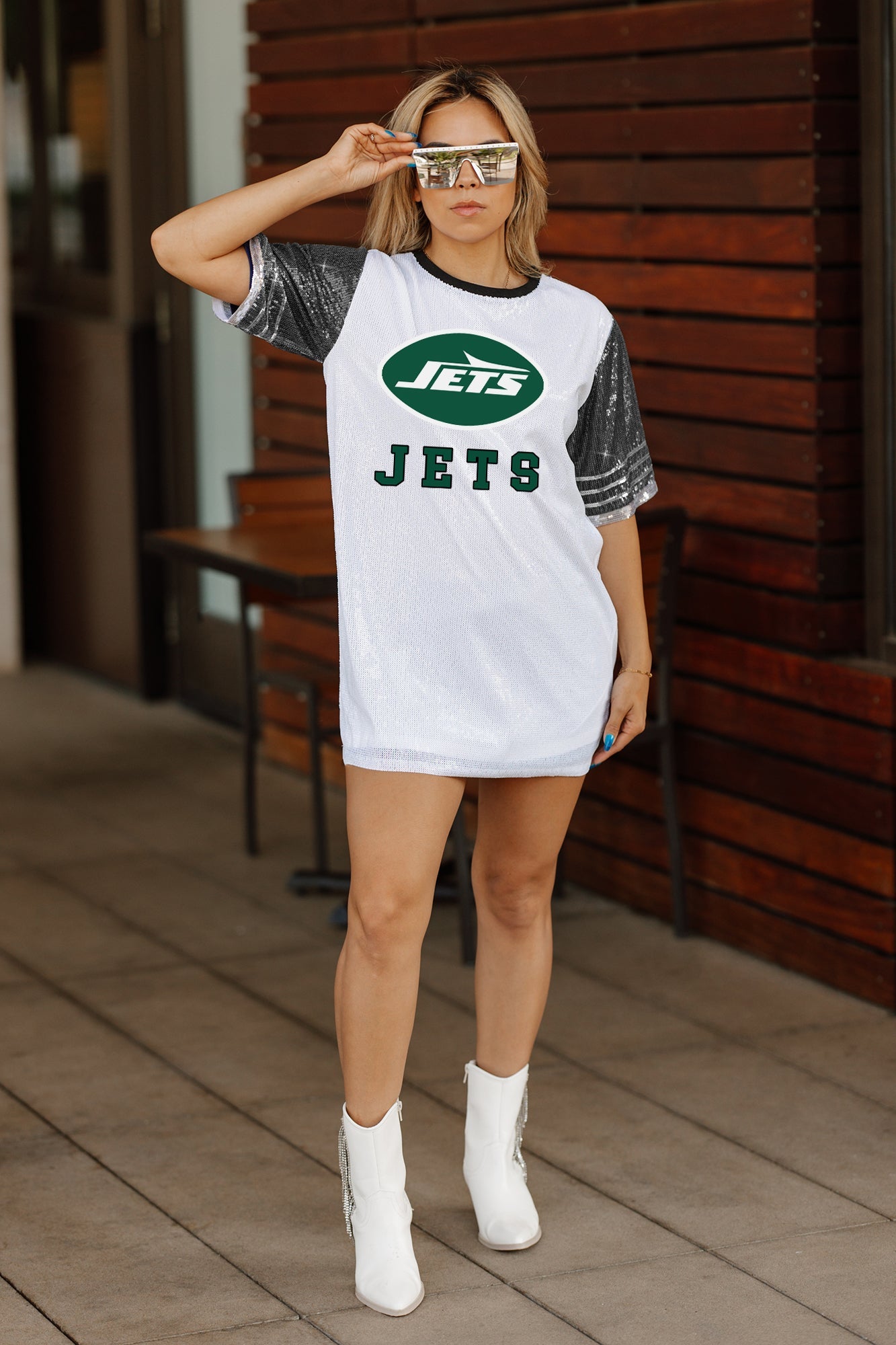 NEW YORK JETS BLING IT FULL SEQUIN JERSEY DRESS