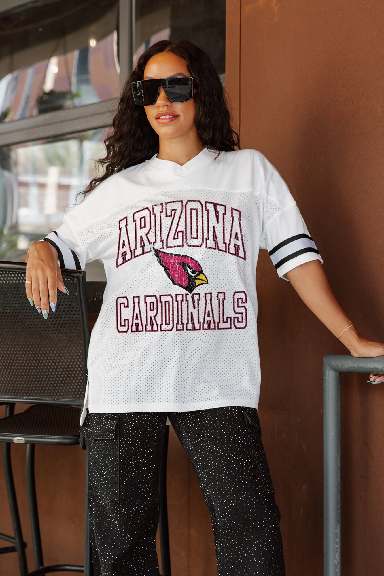 ARIZONA CARDINALS A STEP AHEAD SPORTY V-NECK OVERSIZED SIDE SLIT SHORT SLEEVE MESH TOP