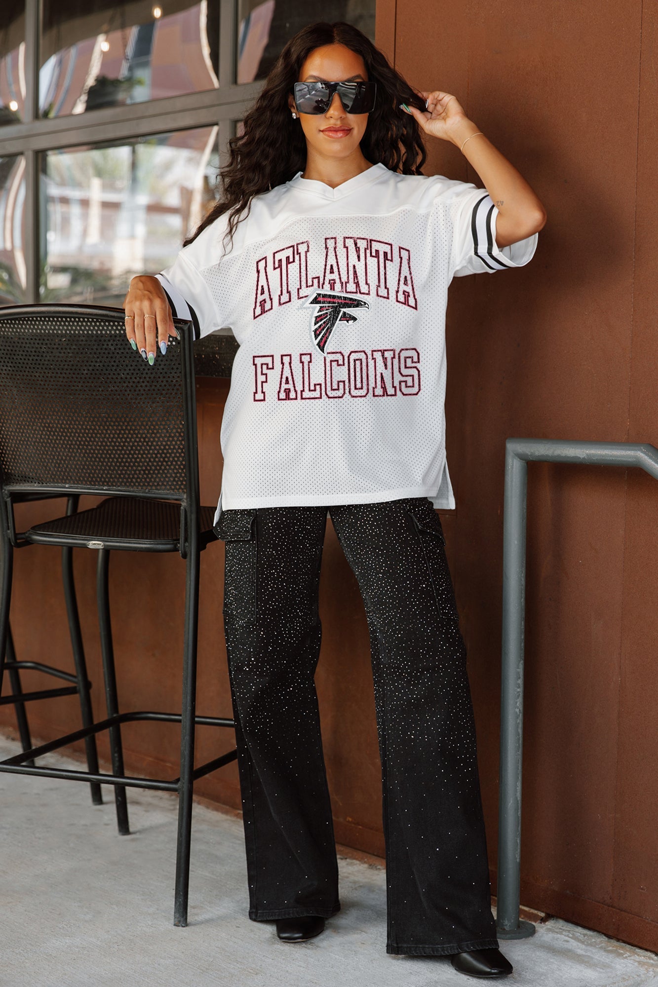 ATLANTA FALCONS A STEP AHEAD SPORTY V-NECK OVERSIZED SIDE SLIT SHORT SLEEVE MESH TOP