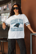 CAROLINA PANTHERS A STEP AHEAD SPORTY V-NECK OVERSIZED SIDE SLIT SHORT SLEEVE MESH TOP