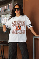 CINCINNATI BENGALS A STEP AHEAD SPORTY V-NECK OVERSIZED SIDE SLIT SHORT SLEEVE MESH TOP