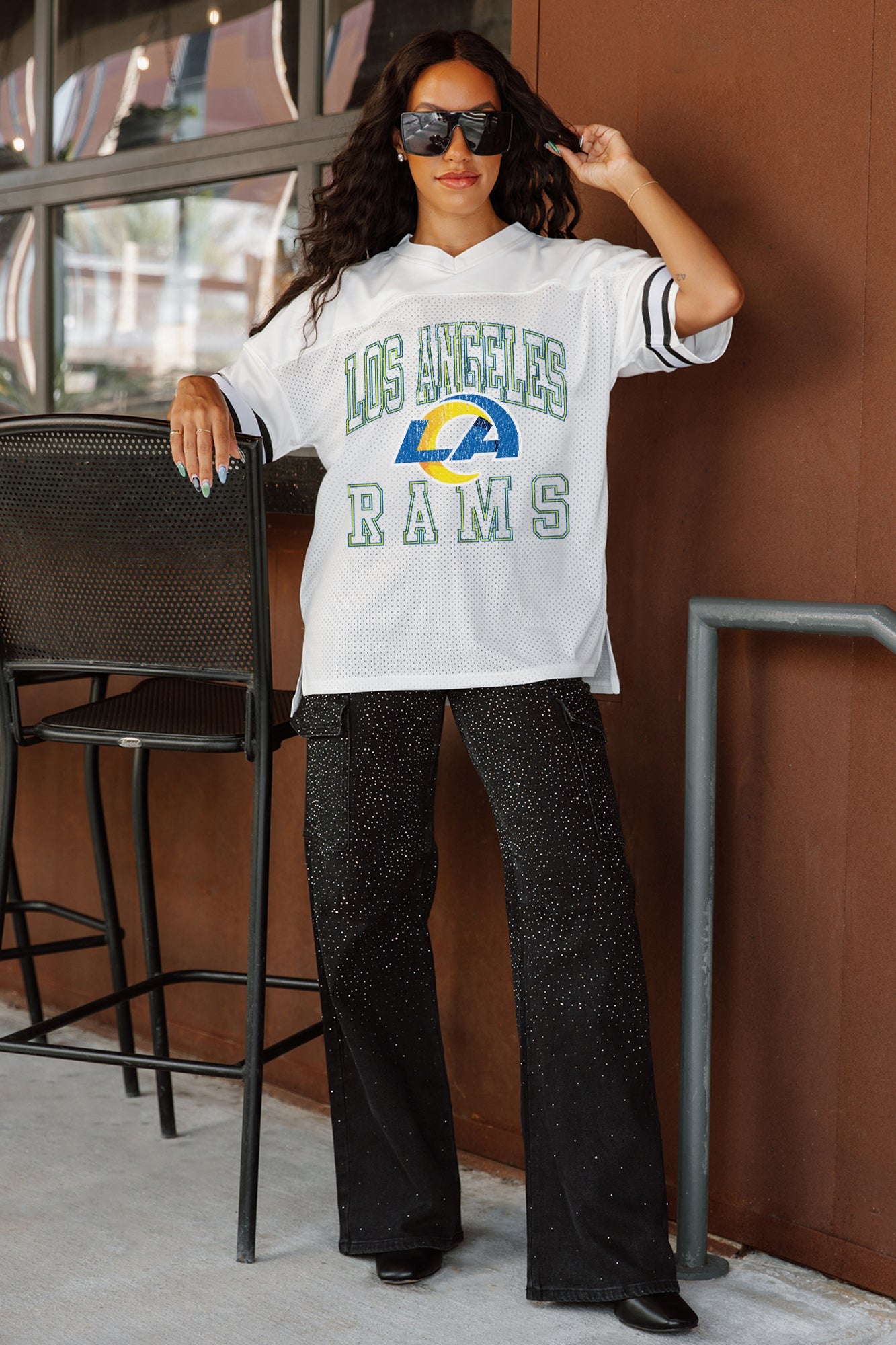 LOS ANGELES RAMS A STEP AHEAD SPORTY V-NECK OVERSIZED SIDE SLIT SHORT SLEEVE MESH TOP