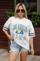 LOS ANGELES RAMS A STEP AHEAD SPORTY V-NECK OVERSIZED SIDE SLIT SHORT SLEEVE MESH TOP