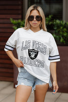 LAS VEGAS RAIDERS A STEP AHEAD SPORTY V-NECK OVERSIZED SIDE SLIT SHORT SLEEVE MESH TOP