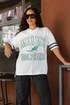 MIAMI DOLPHINS A STEP AHEAD SPORTY V-NECK OVERSIZED SIDE SLIT SHORT SLEEVE MESH TOP