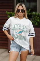 MIAMI DOLPHINS A STEP AHEAD SPORTY V-NECK OVERSIZED SIDE SLIT SHORT SLEEVE MESH TOP