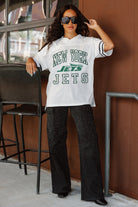 NEW YORK JETS A STEP AHEAD SPORTY V-NECK OVERSIZED SIDE SLIT SHORT SLEEVE MESH TOP