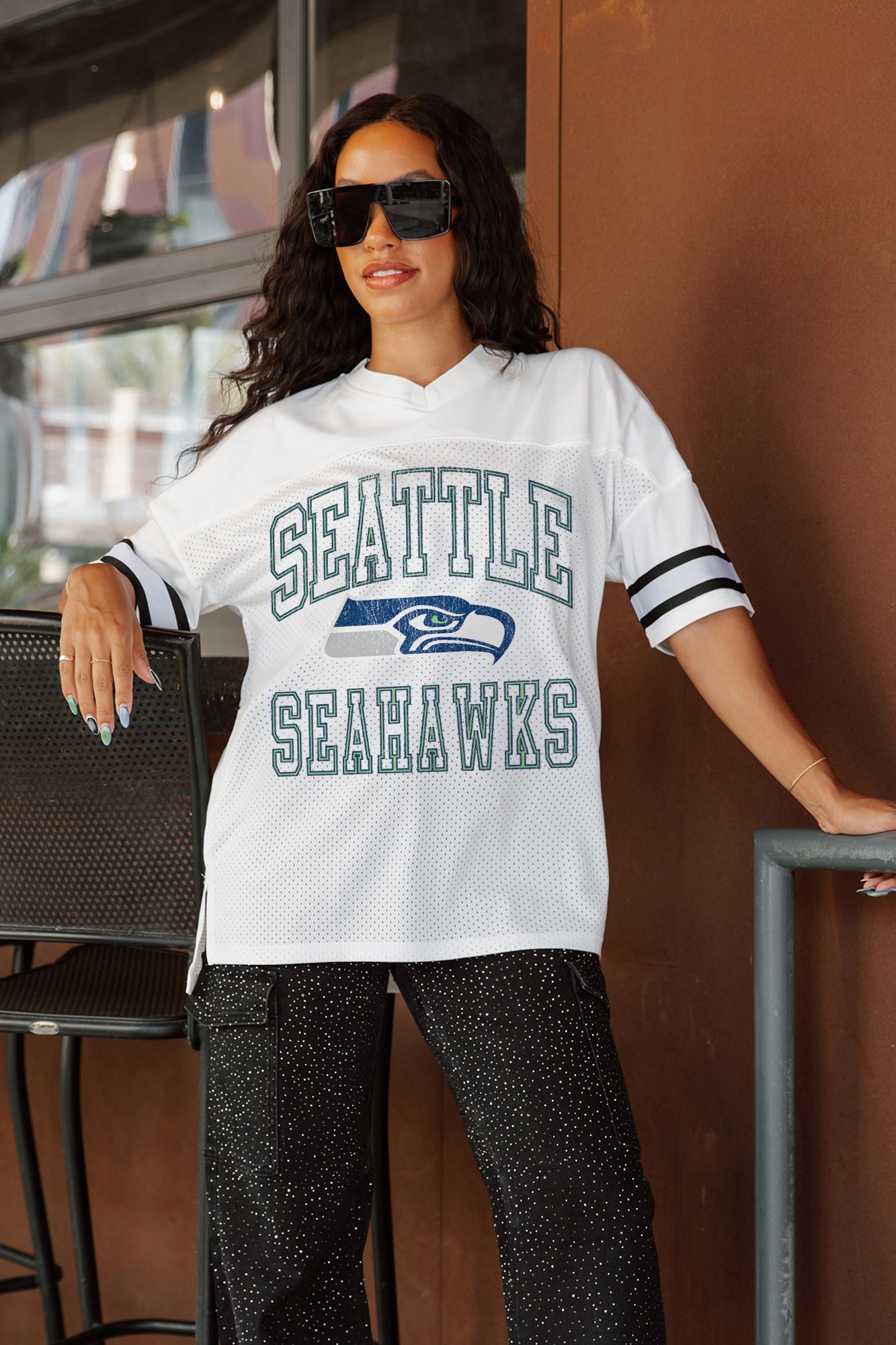 SEATTLE SEAHAWKS A STEP AHEAD SPORTY V-NECK OVERSIZED SIDE SLIT SHORT SLEEVE MESH TOP