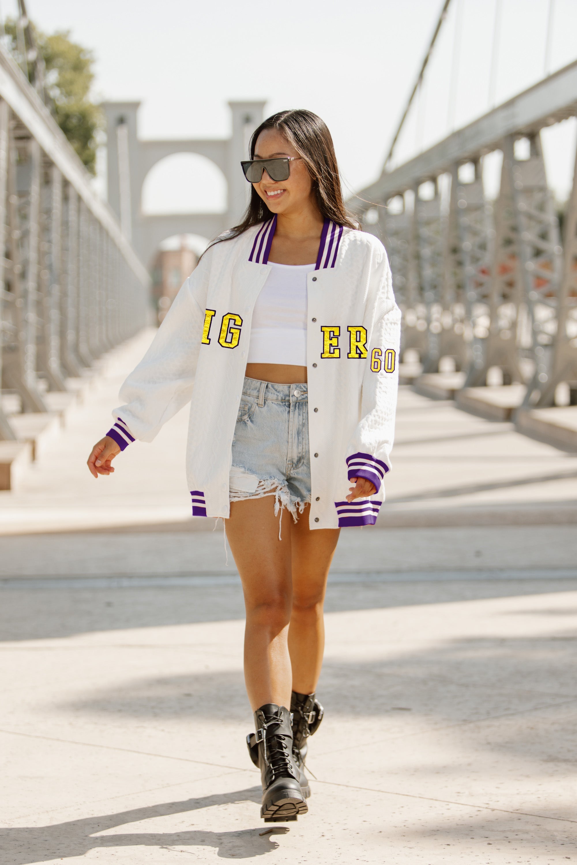 LSU TIGERS VARSITY STRIPES ADULT TEXTURED MIDWEIGHT SNAP JACKET BY MADI PREWETT TROUTT