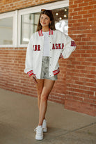 NEBRASKA CORNHUSKERS VARSITY STRIPES ADULT TEXTURED MIDWEIGHT SNAP JACKET BY MADI PREWETT TROUTT