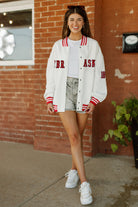 NEBRASKA CORNHUSKERS VARSITY STRIPES ADULT TEXTURED MIDWEIGHT SNAP JACKET BY MADI PREWETT TROUTT