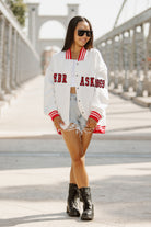 NEBRASKA CORNHUSKERS VARSITY STRIPES ADULT TEXTURED MIDWEIGHT SNAP JACKET BY MADI PREWETT TROUTT