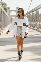 PENN STATE NITTANY LIONS VARSITY STRIPES ADULT TEXTURED MIDWEIGHT SNAP JACKET BY MADI PREWETT TROUTT