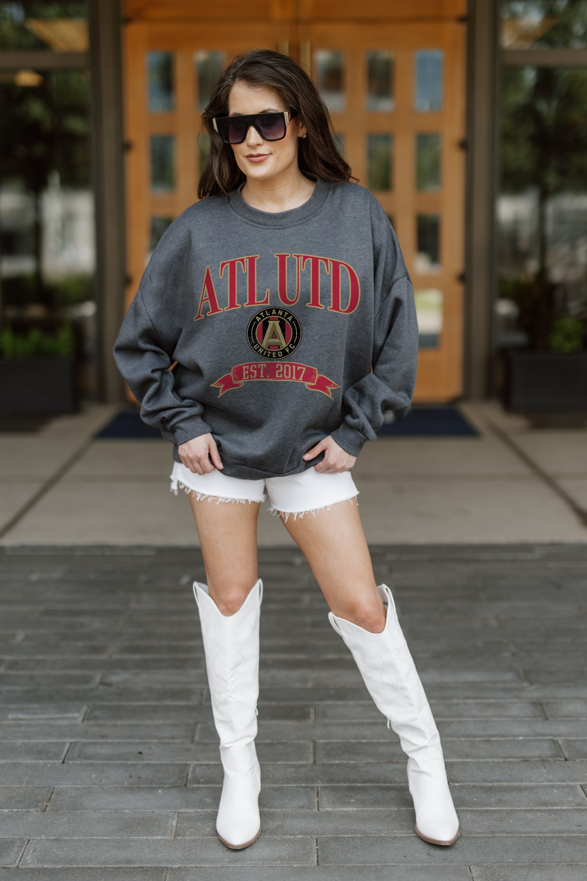 ATLANTA UNITED FC SEAL THE DEAL PREMIUM FLEECE DROP SHOULDER CREWNECK PULLOVER