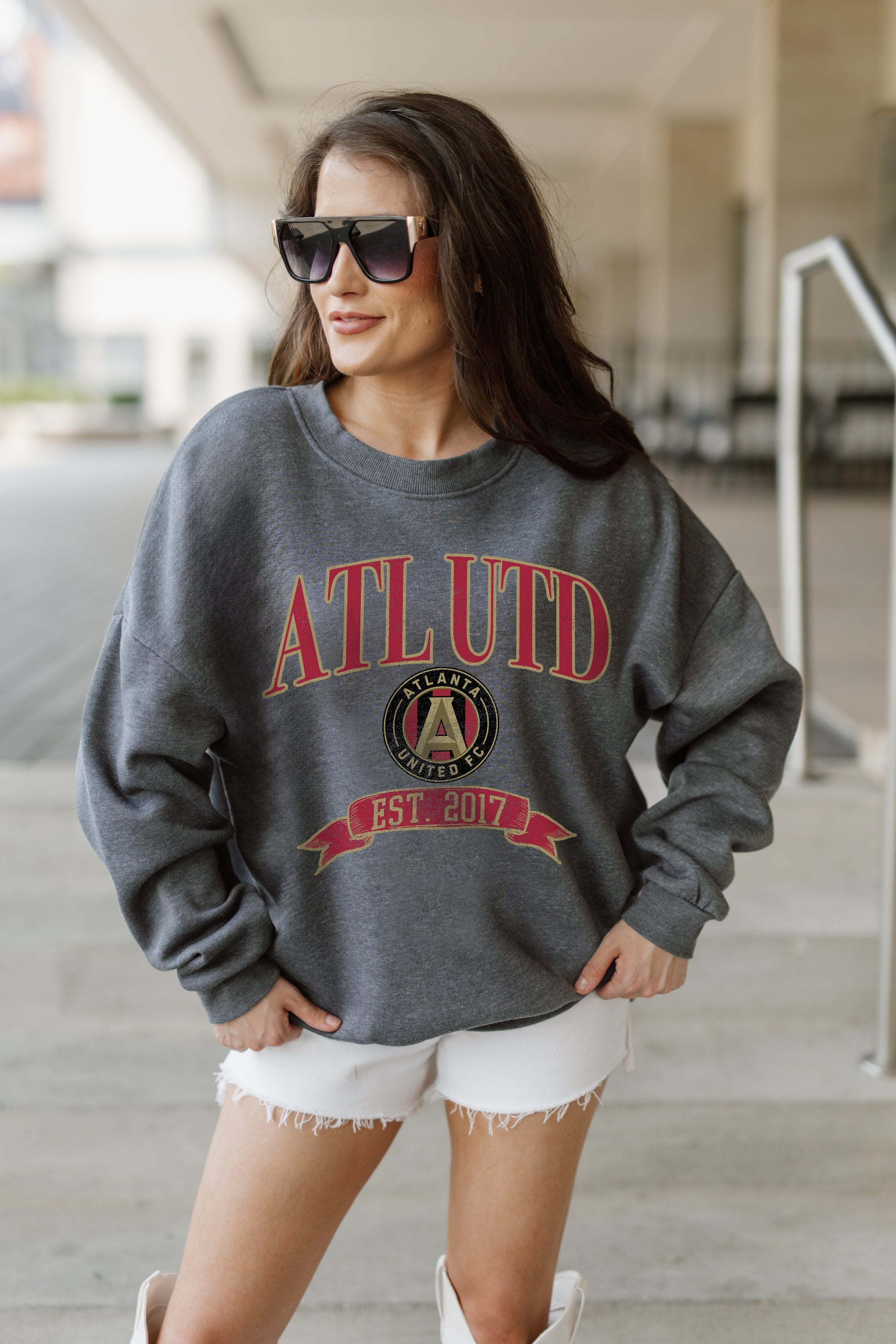 ATLANTA UNITED FC SEAL THE DEAL PREMIUM FLEECE DROP SHOULDER CREWNECK PULLOVER