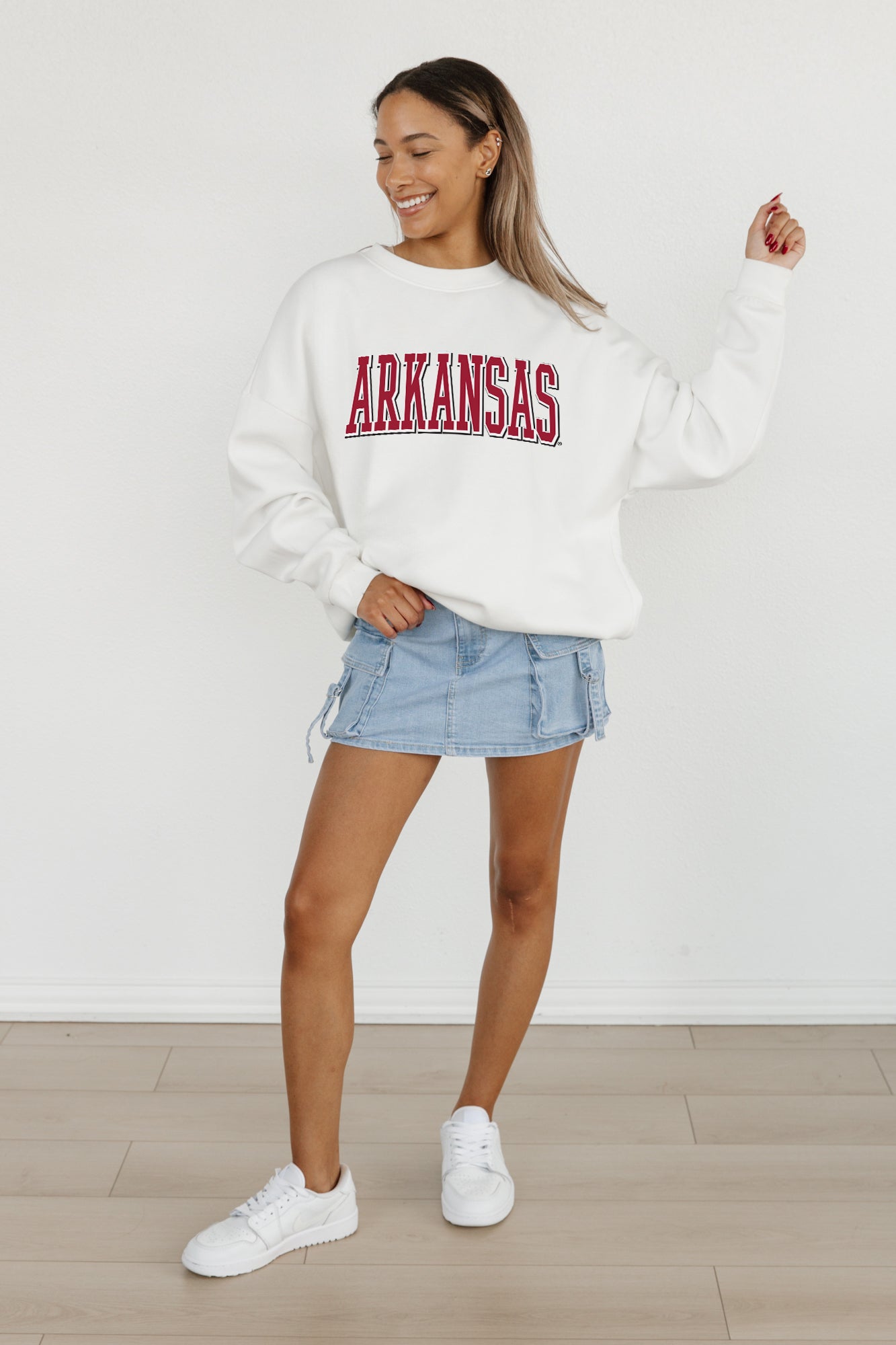 ARKANSAS RAZORBACKS ALL-STAR APPEAL PREMIUM FLEECE DROP SHOULDER CREWNECK PULLOVER BY MADI PREWETT TROUTT