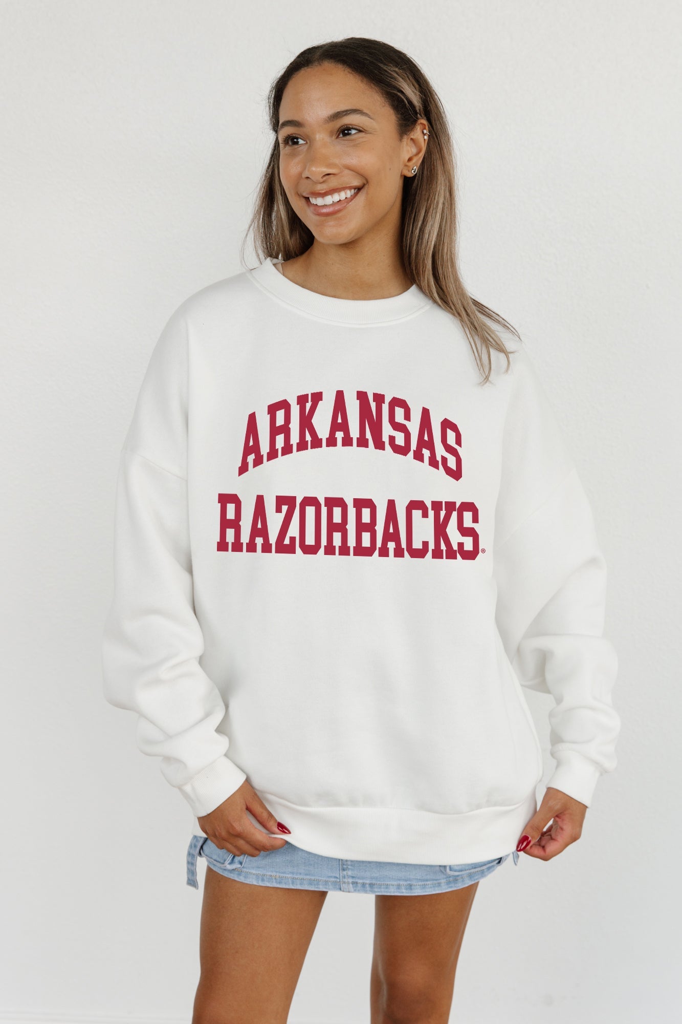 ARKANSAS RAZORBACKS ALL-STAR STYLE PREMIUM FLEECE DROP SHOULDER CREWNECK PULLOVER BY MADI PREWETT TROUTT