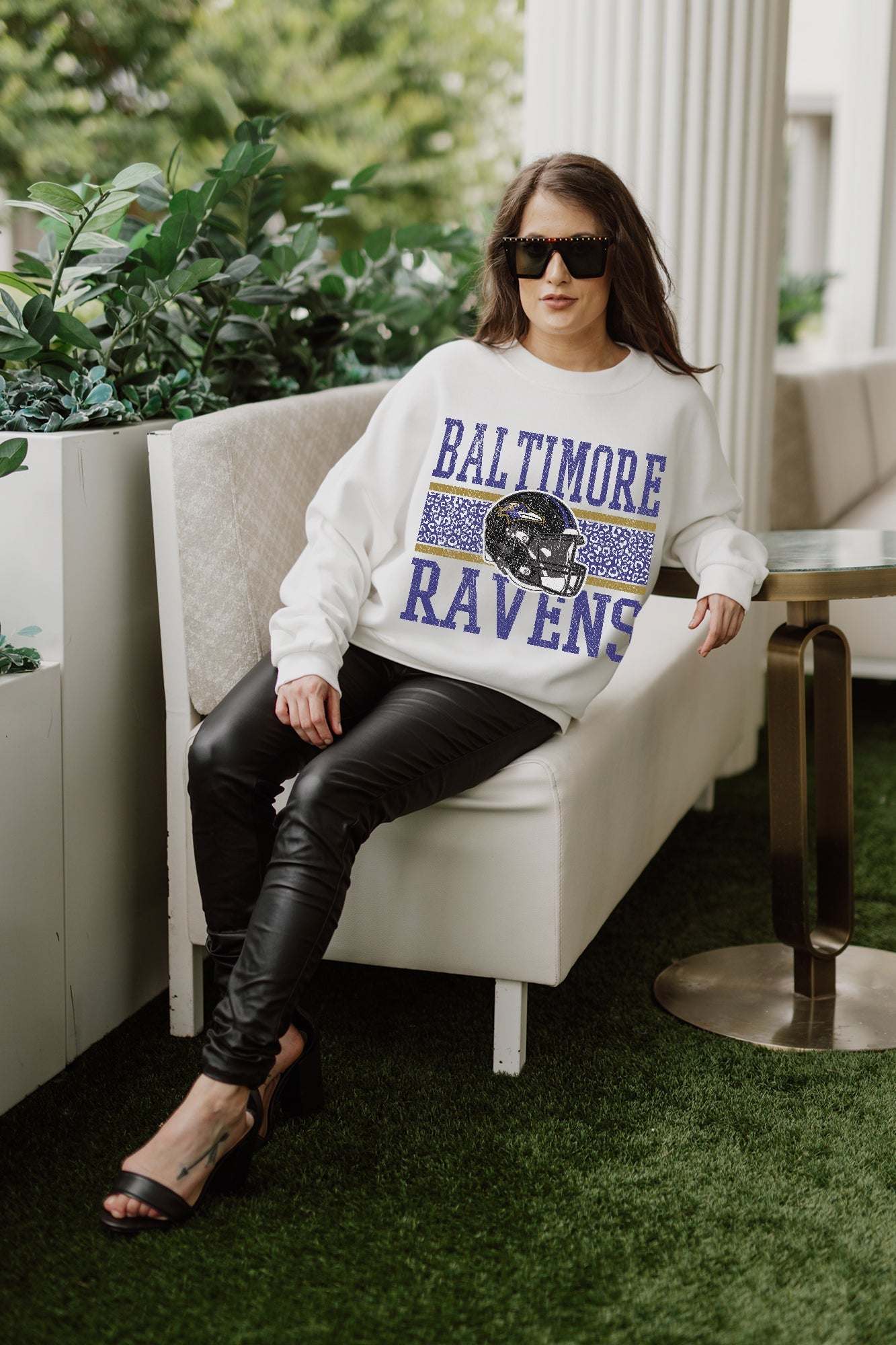 BALTIMORE RAVENS FAIR CATCH PREMIUM FLEECE DROP SHOULDER CREWNECK PULLOVER