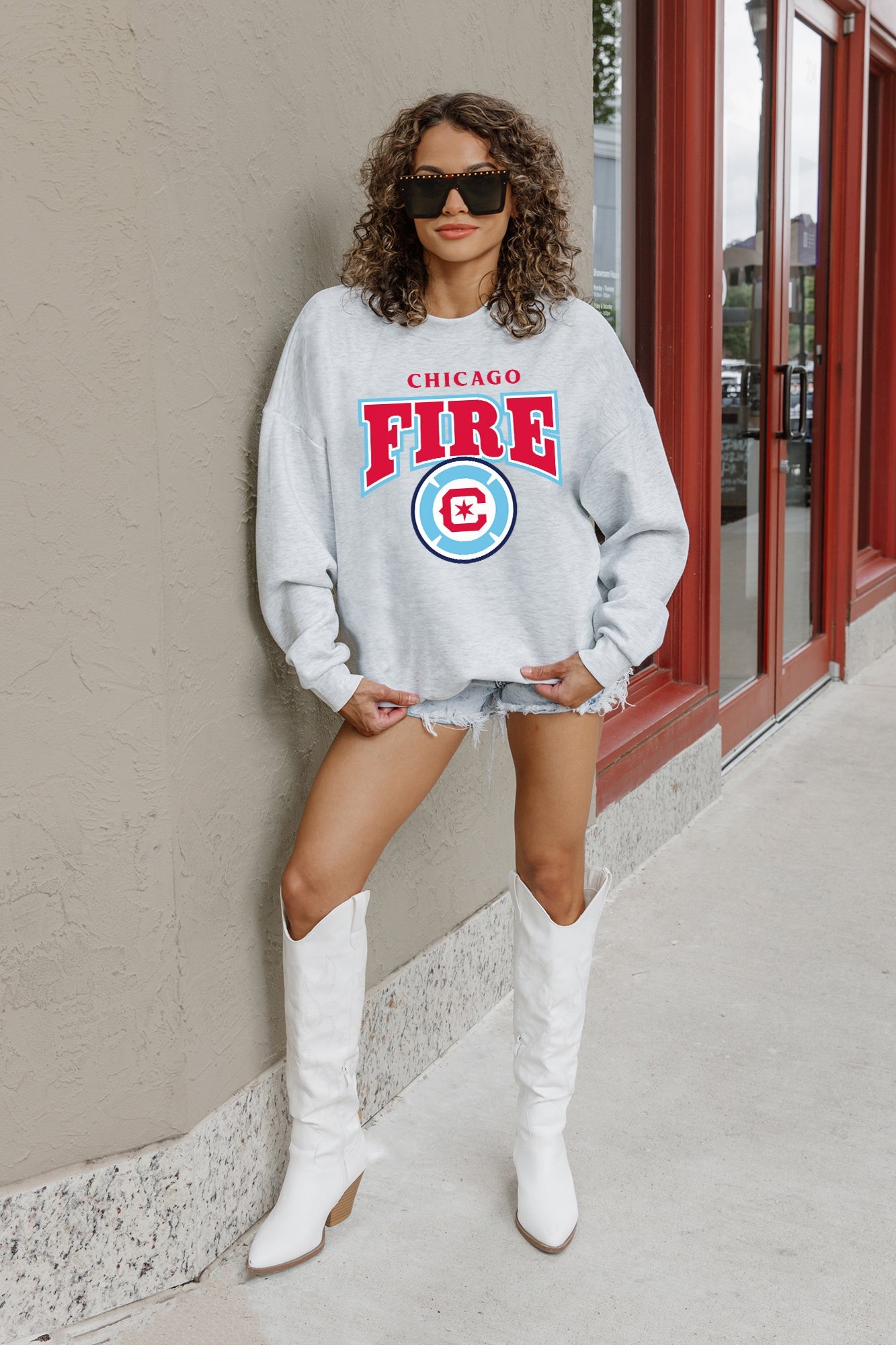 CHICAGO FIRE SC PITCH PRIDE PREMIUM FLEECE DROP SHOULDER CREWNECK PULLOVER