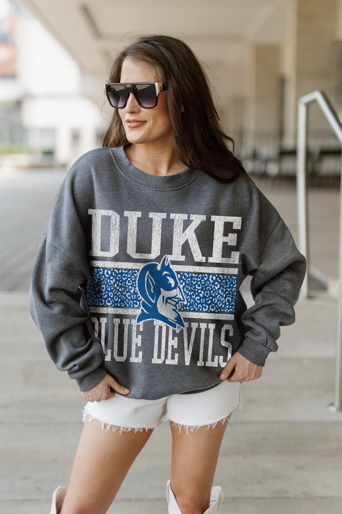 DUKE BLUE DEVILS WILD TAILGATE PREMIUM FLEECE DROP SHOULDER CREWNECK P Gameday Couture SOHO