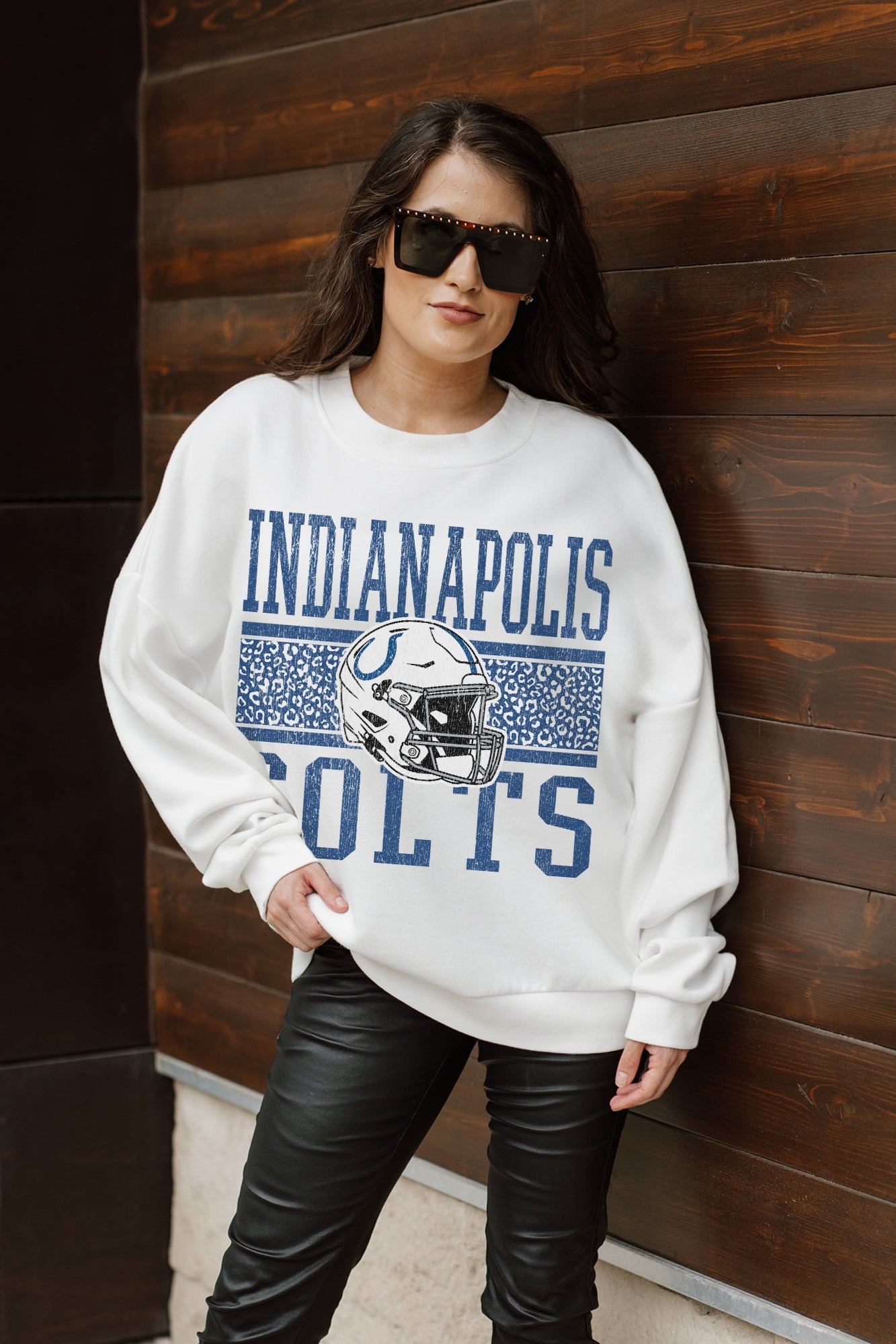 INDIANAPOLIS COLTS FAIR CATCH PREMIUM FLEECE DROP SHOULDER CREWNECK PULLOVER