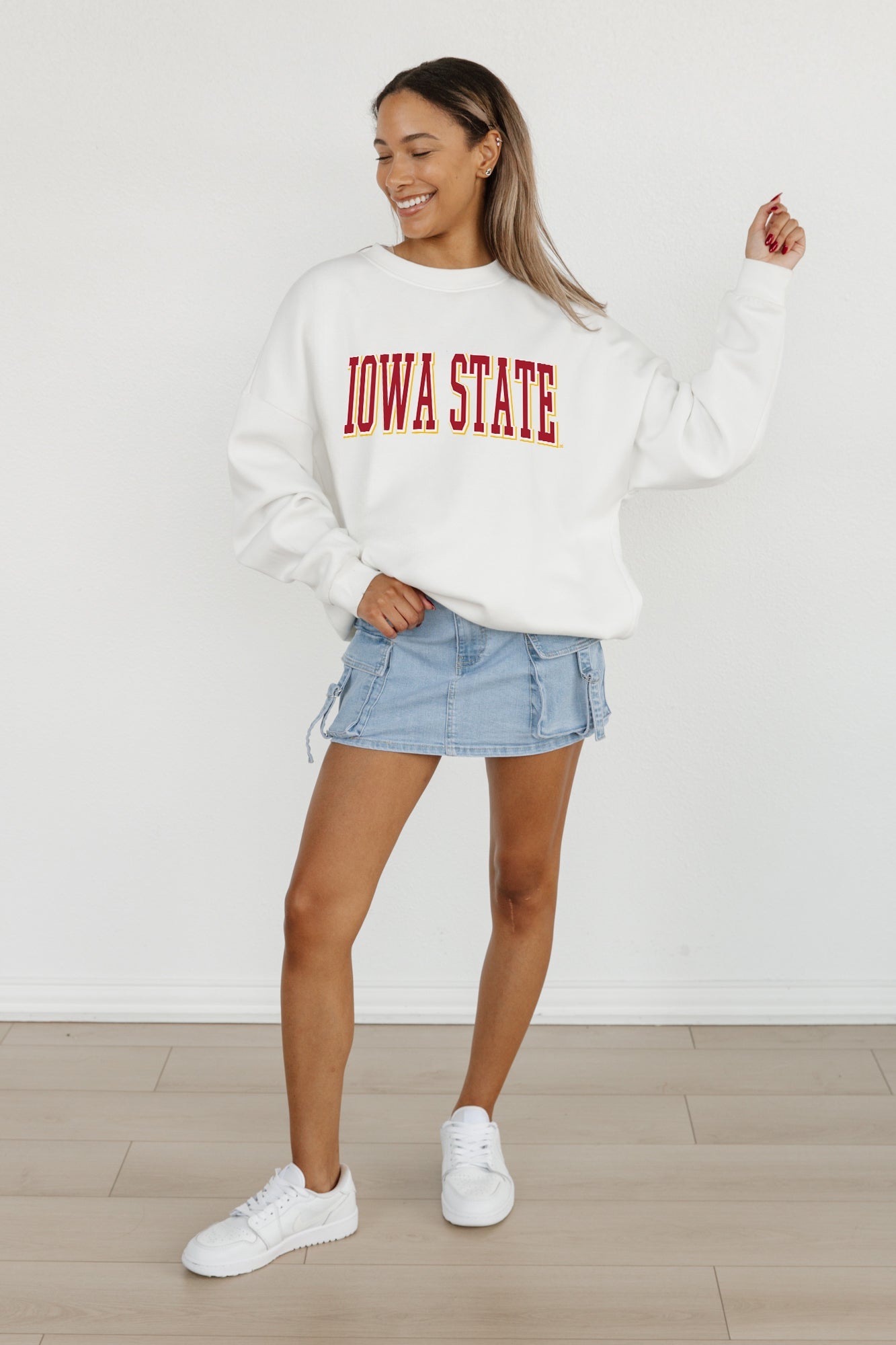 IOWA STATE CYCLONES ALL-STAR APPEAL PREMIUM FLEECE DROP SHOULDER CREWNECK PULLOVER BY MADI PREWETT TROUTT