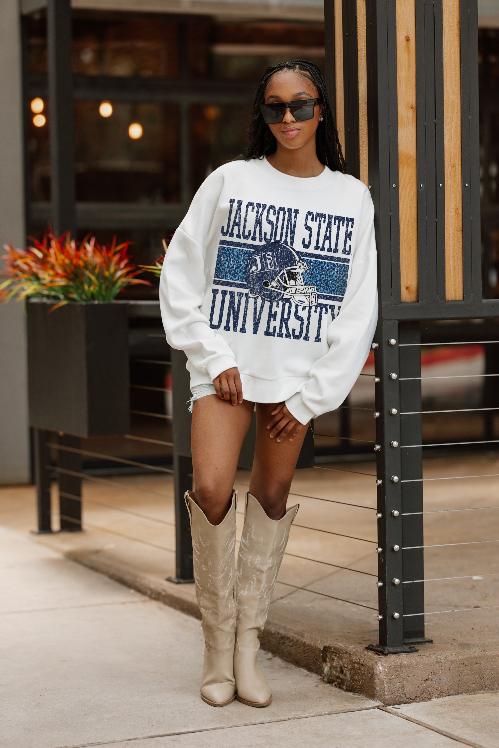 JACKSON STATE TIGERS FAIR CATCH PREMIUM FLEECE DROP SHOULDER CREWNECK PULLOVER