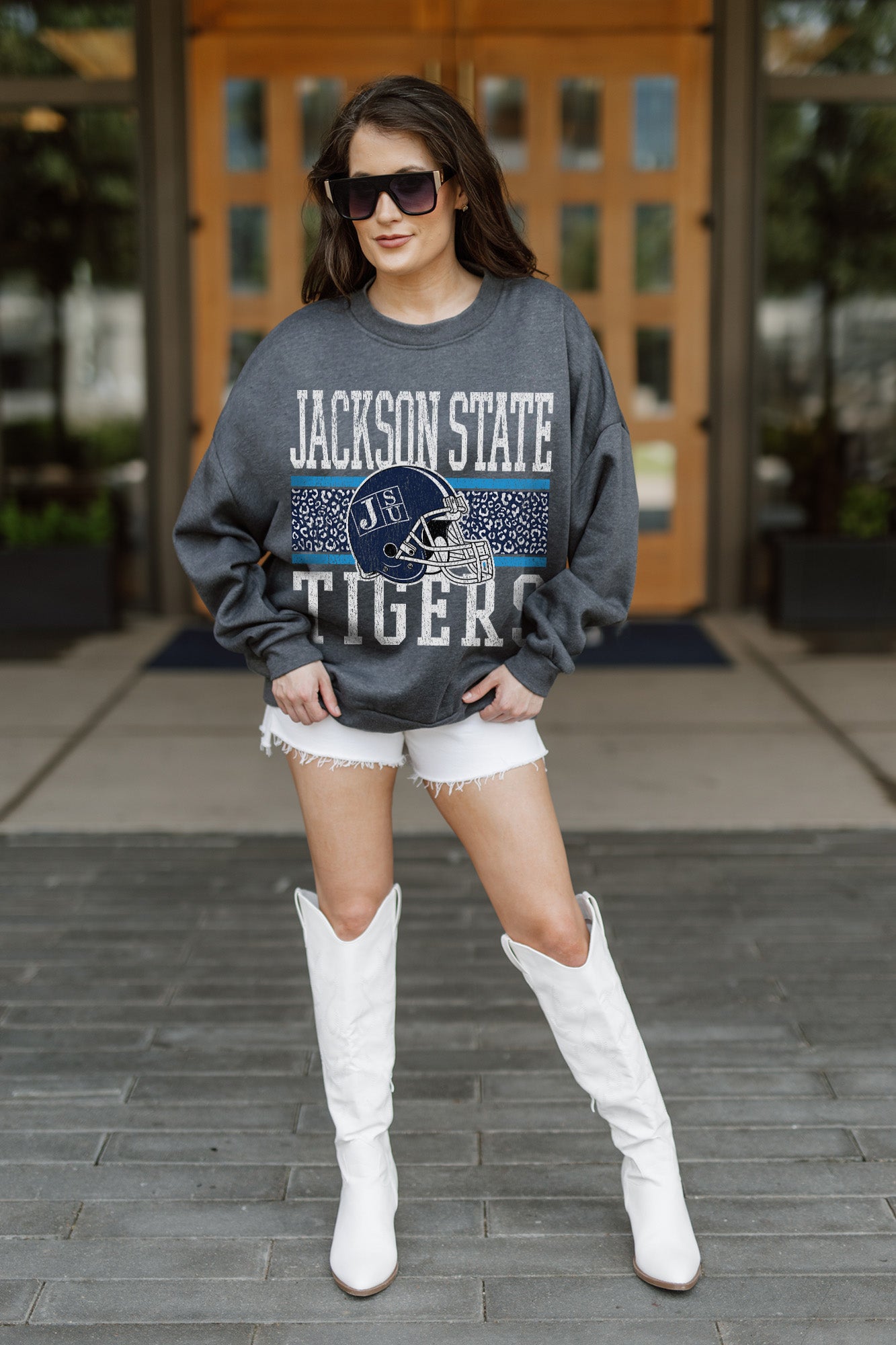 JACKSON STATE TIGERS WILD TAILGATE PREMIUM FLEECE DROP SHOULDER CREWNECK PULLOVER