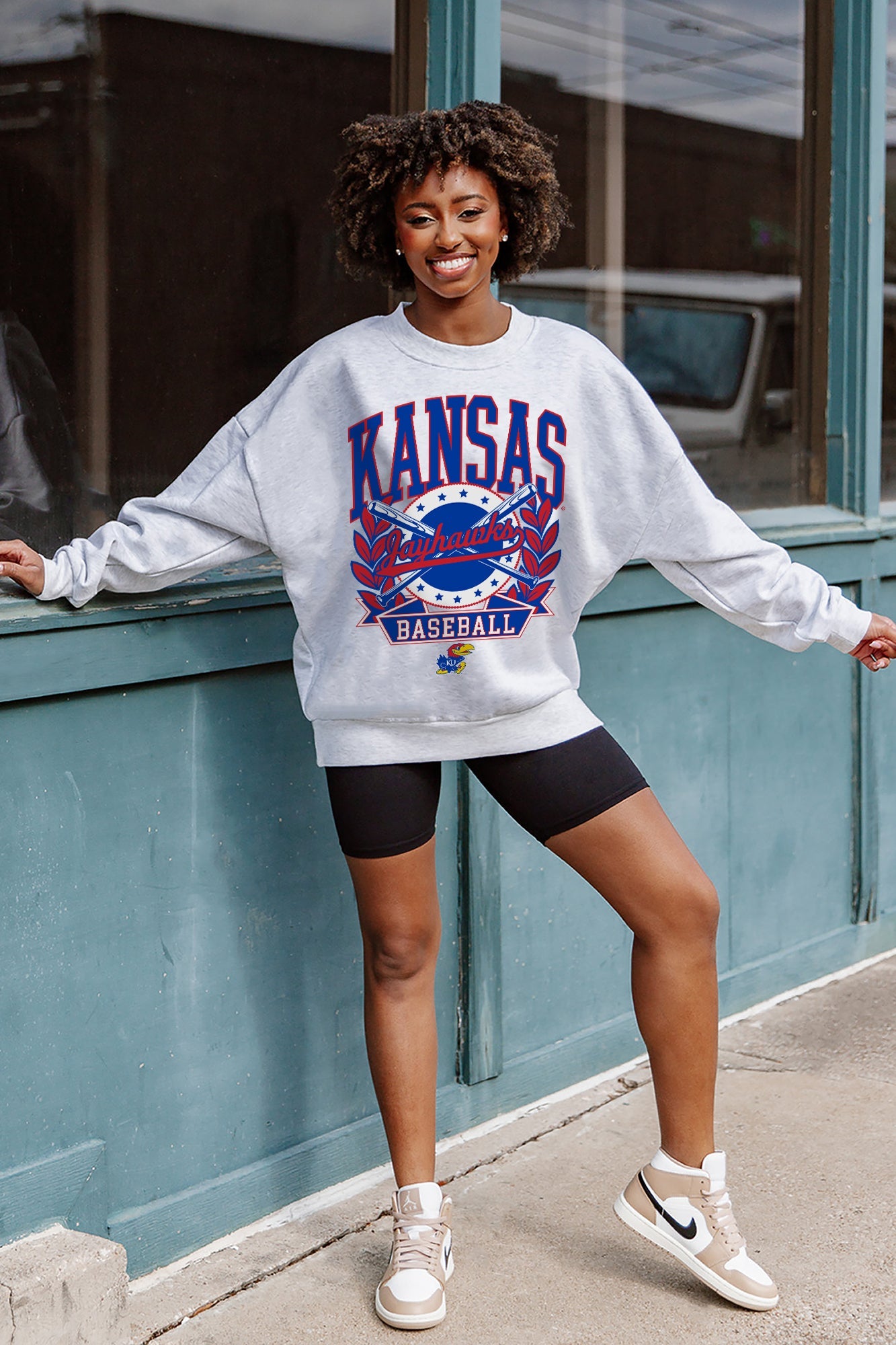 KANSAS JAYHAWKS BASES LOADED PREMIUM FLEECE DROP SHOULDER CREWNECK PULLOVER